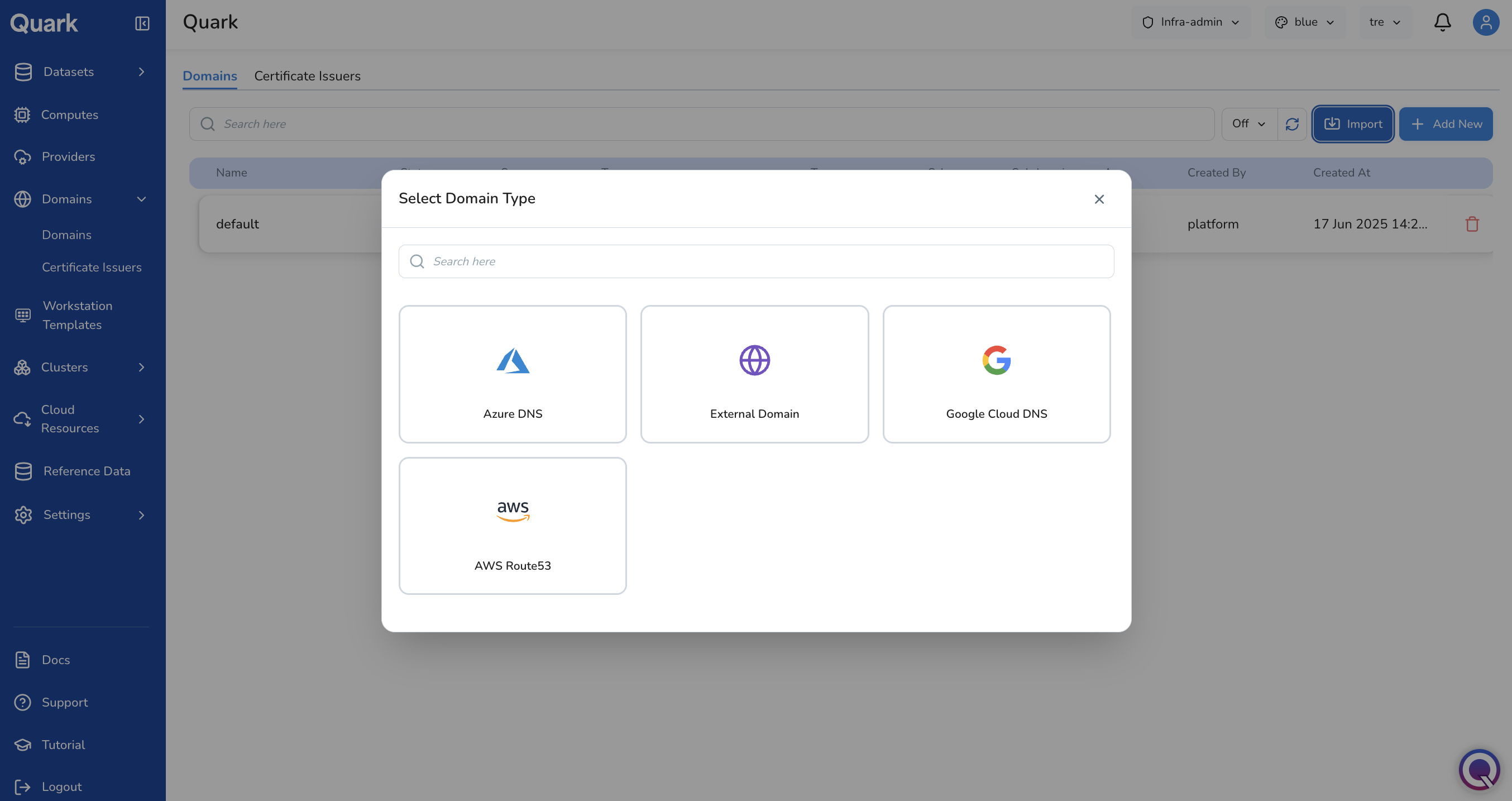 Screenshot: Import - Select Domain Type modal