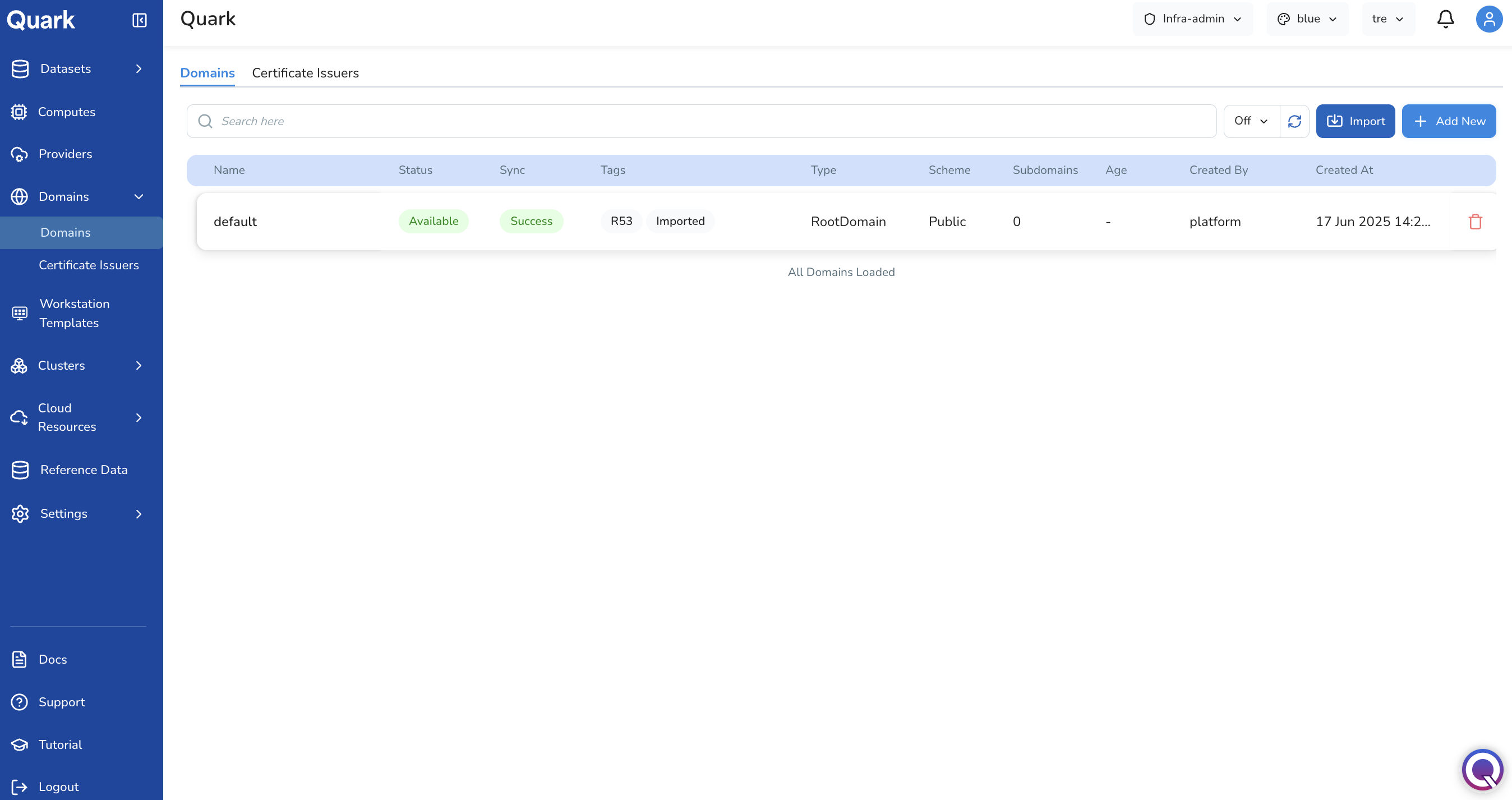 Screenshot: Domains landing page