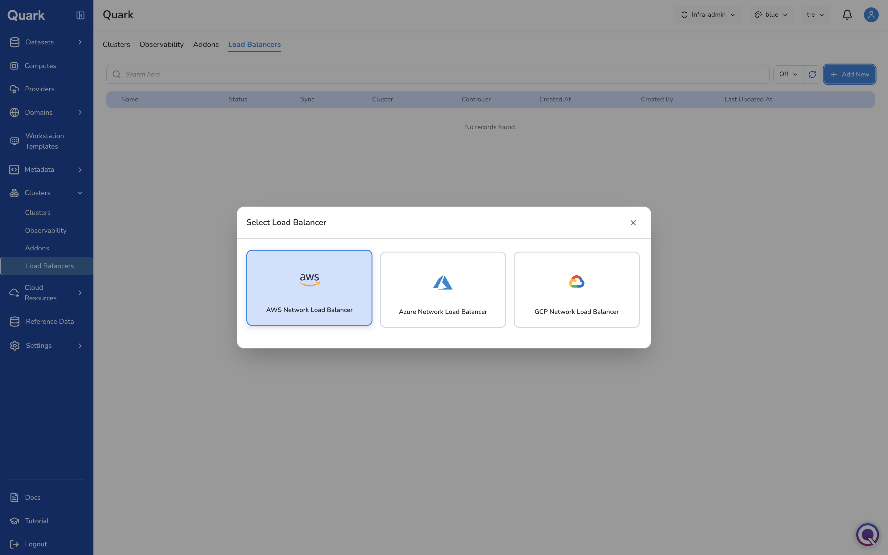 Screenshot: Load Balancers tab with the Select Load Balancer modal open