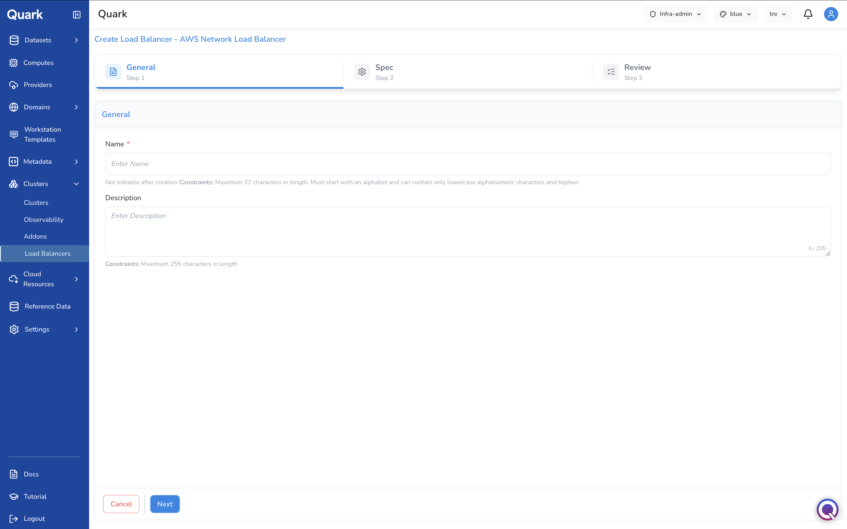 Screenshot: Create Load Balancer - AWS Network Load Balancer wizard on Step 1 General showing Name and Description fields