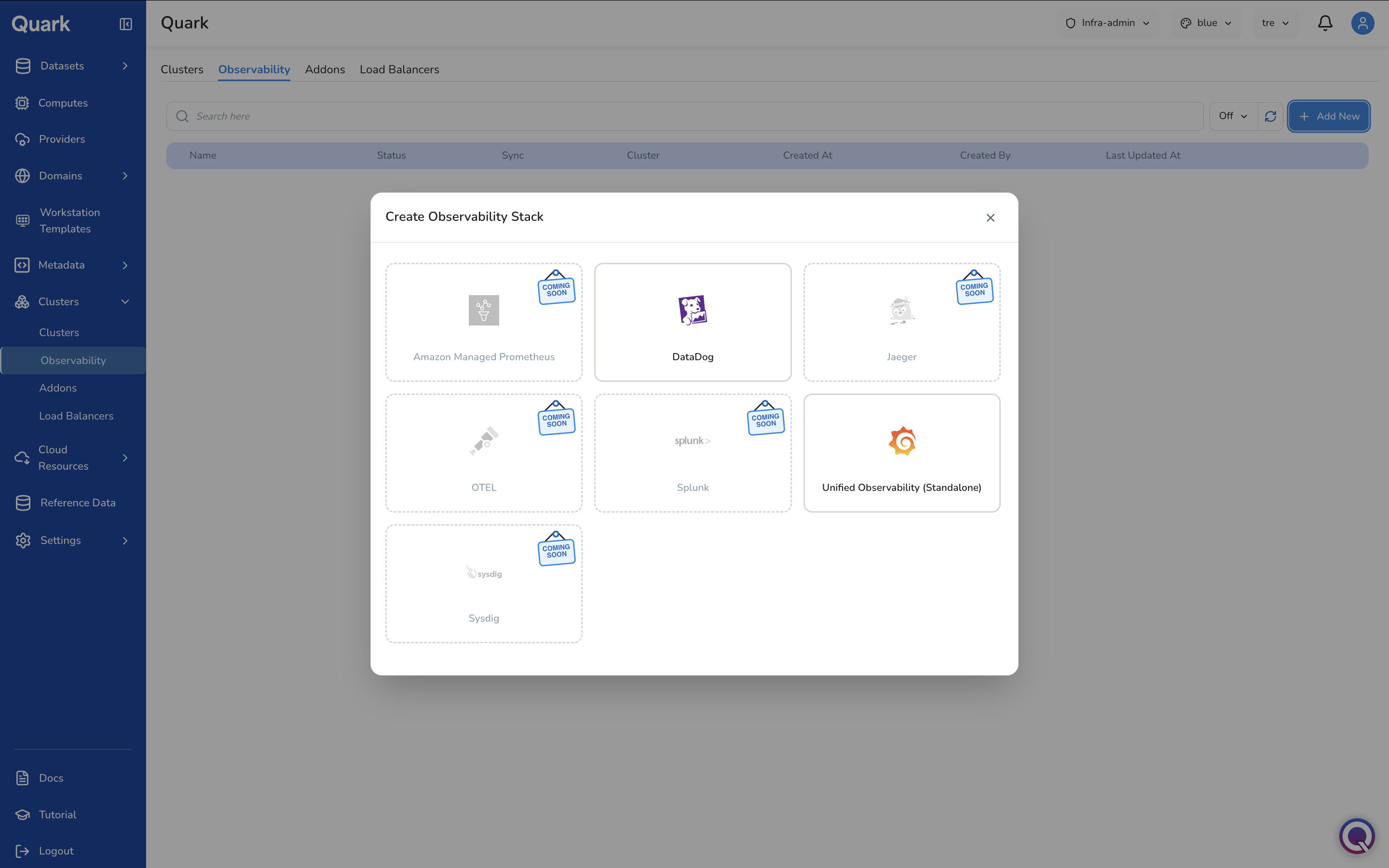 Screenshot: Observability modal
