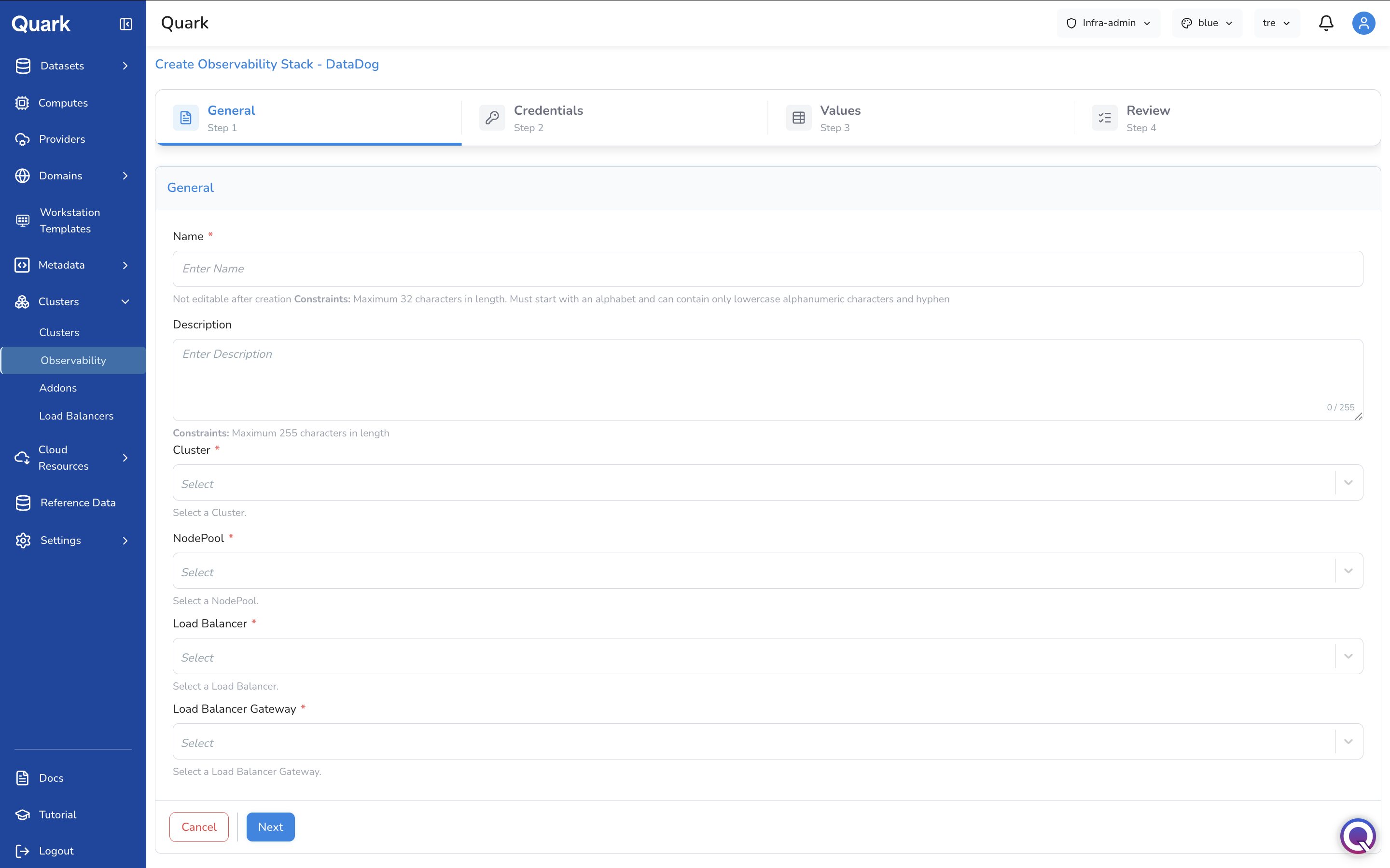 Screenshot: Create Observability Stack - DataDog wizard on Step 1 General