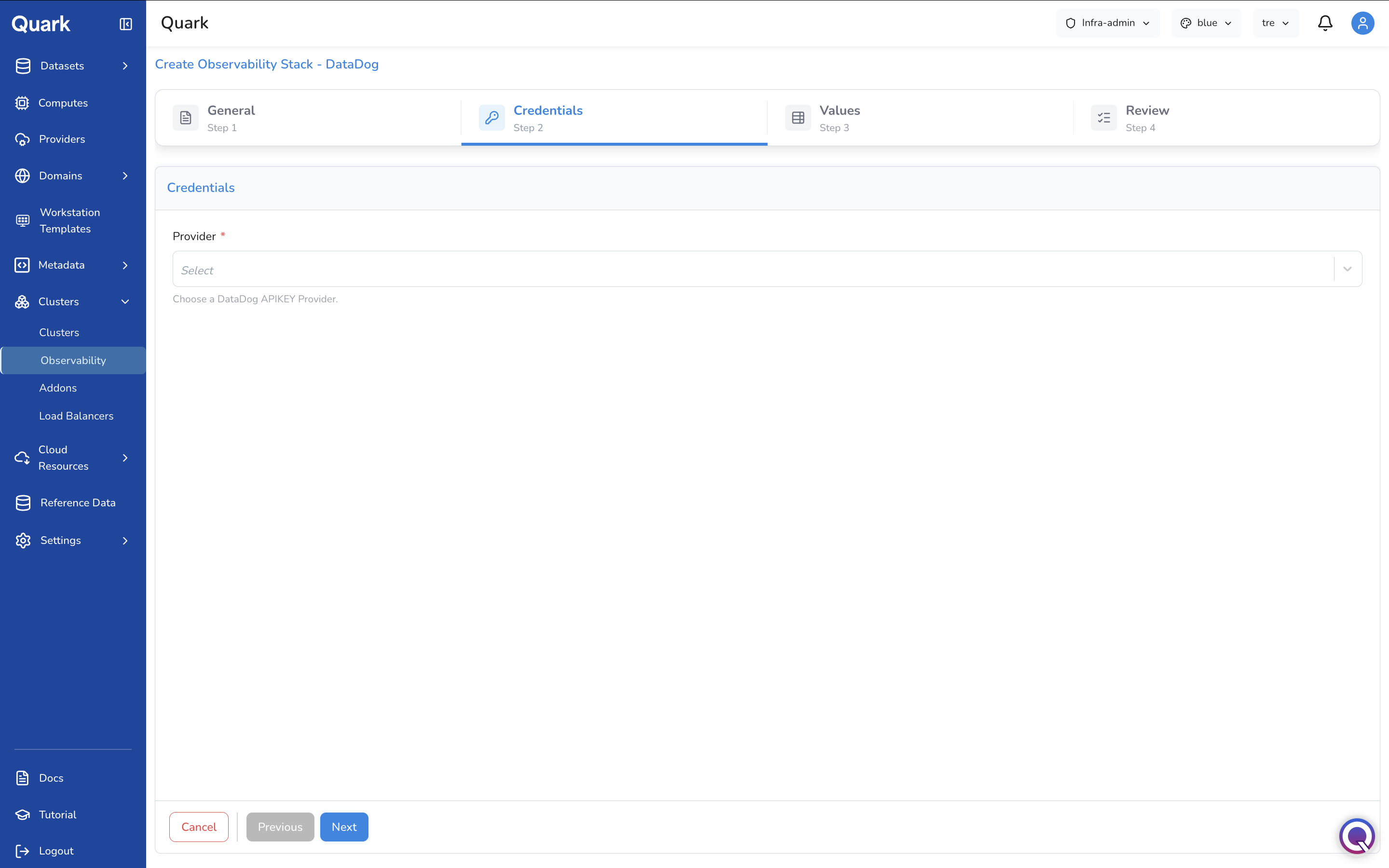 Screenshot: Create Observability Stack - DataDog wizard on Step 2 Credentials showing the Provider dropdown