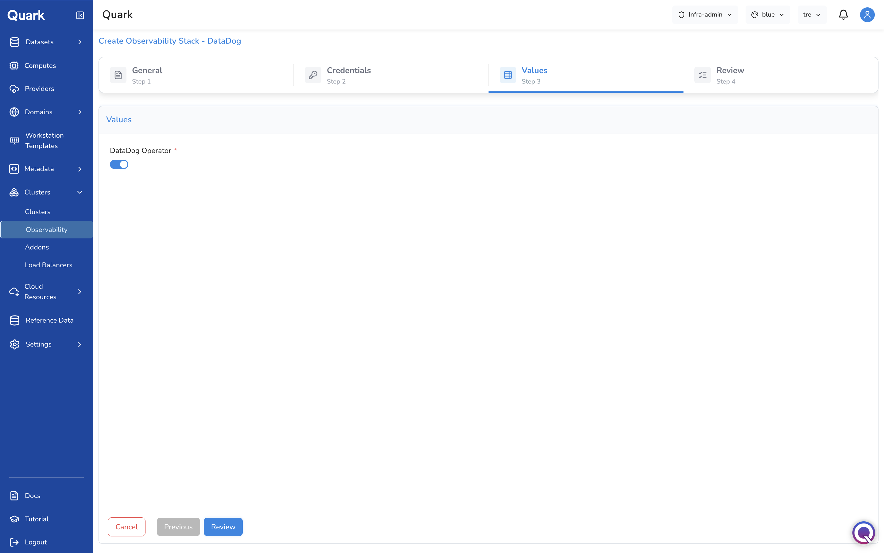 Screenshot: Create Observability Stack - DataDog wizard on Step 3 Values showing the DataDog Operator toggle