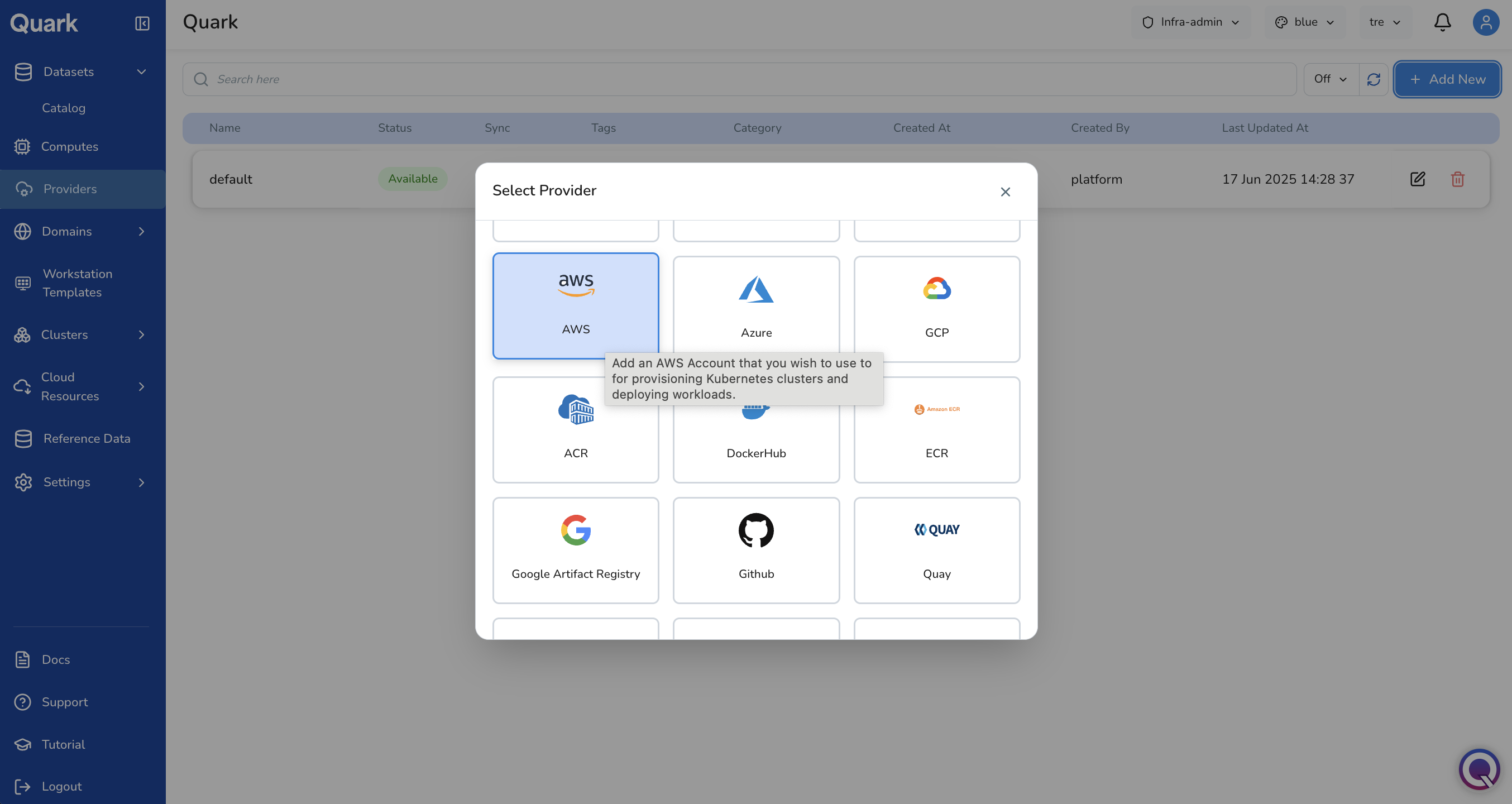 Screenshot: Select Provider modal