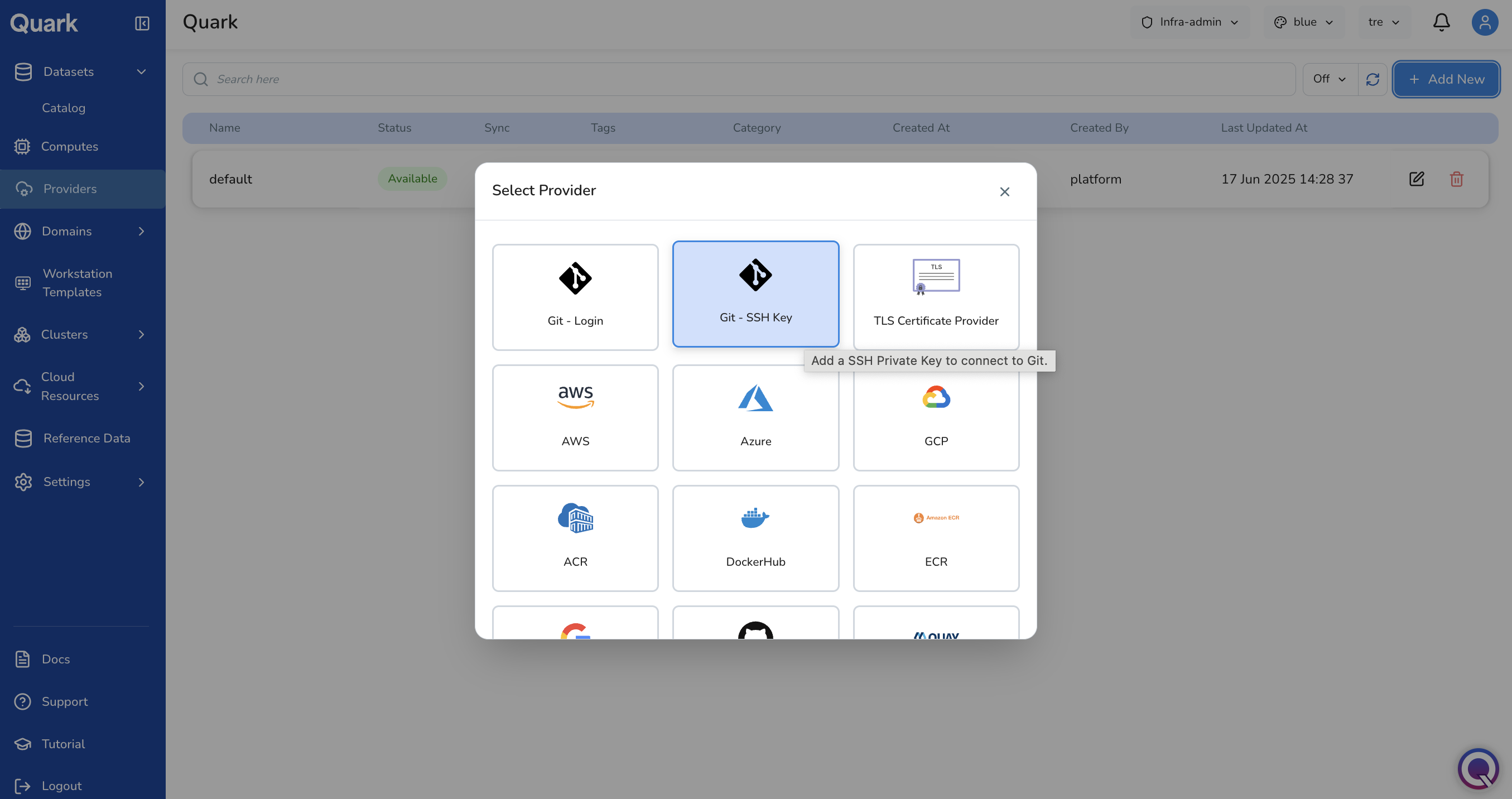 Screenshot: Select Provider modal