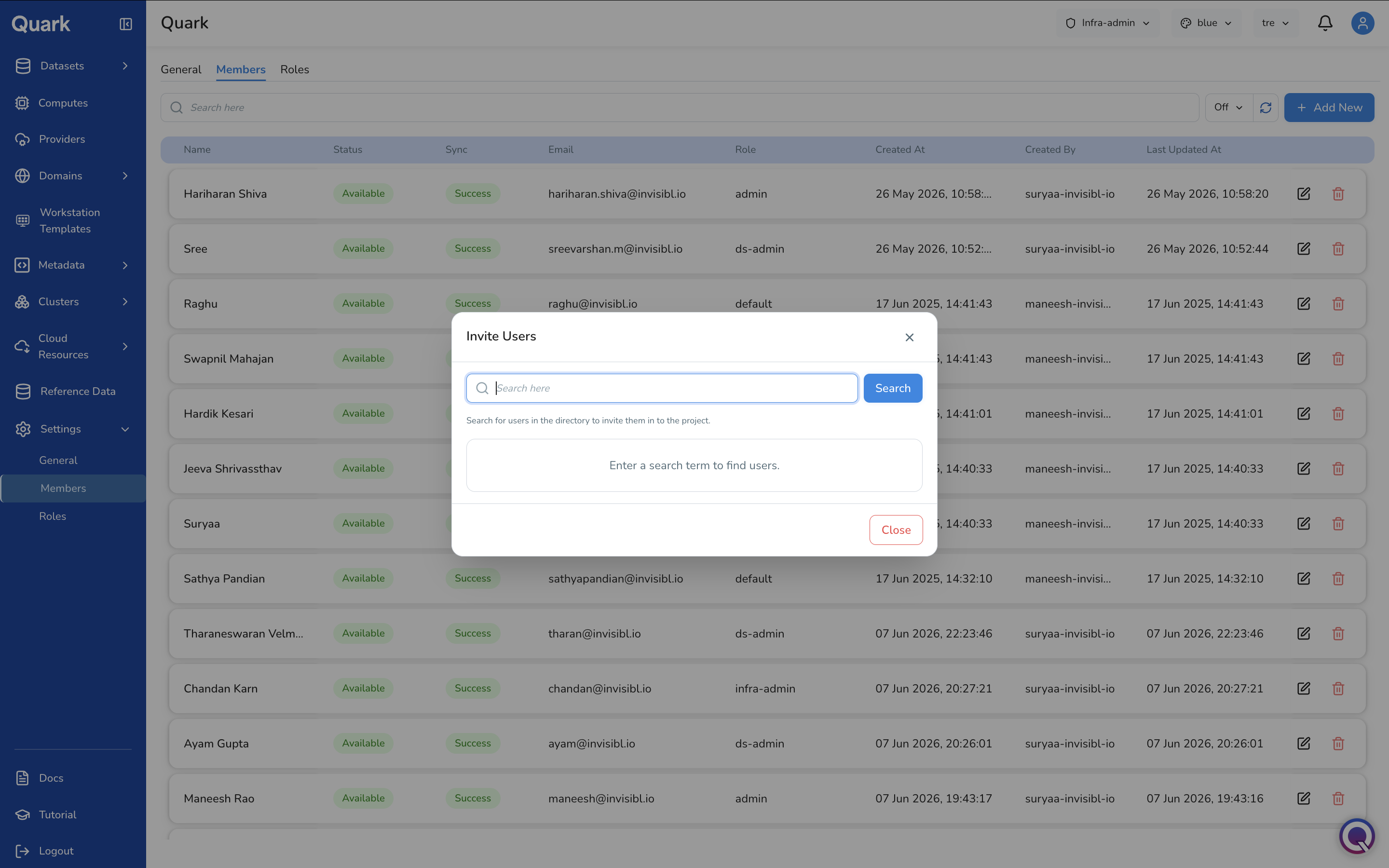Screenshot: Settings Members tab with the Invite Users modal open, showing the directory search field and Search button