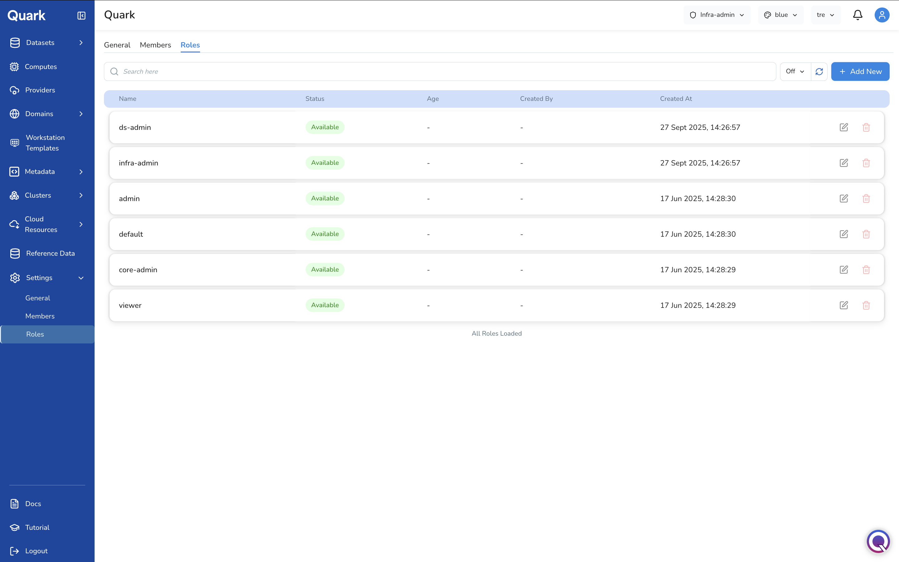 Screenshot: Settings Roles tab showing the list of platform roles including ds-admin, infra-admin, admin, default, core-admin, and viewer with Status, Age, Created By, and Created At columns