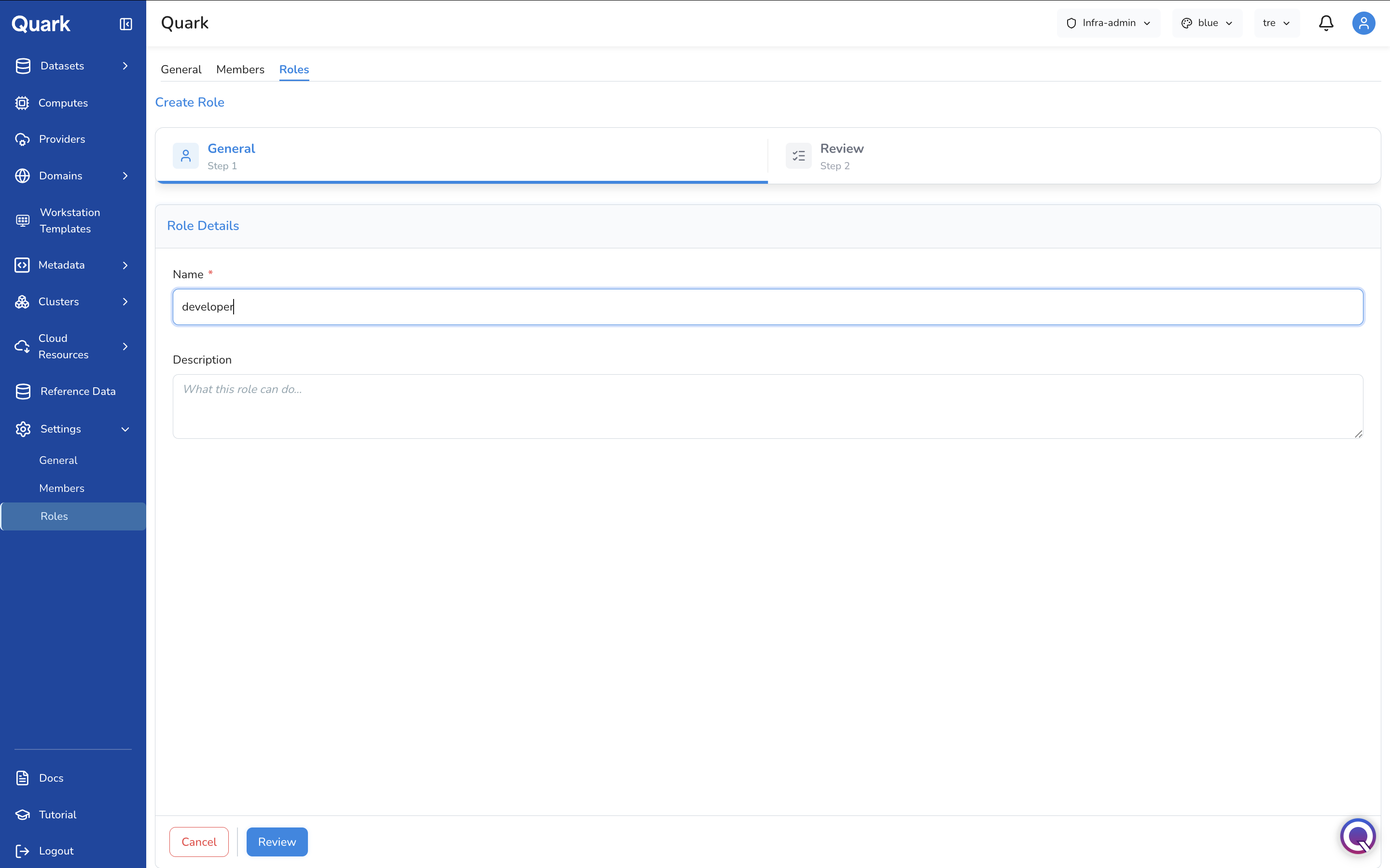 Screenshot: Create Role wizard on Step 1 General showing the Role Details section with Name and Description fields, with "developer" entered as the role name