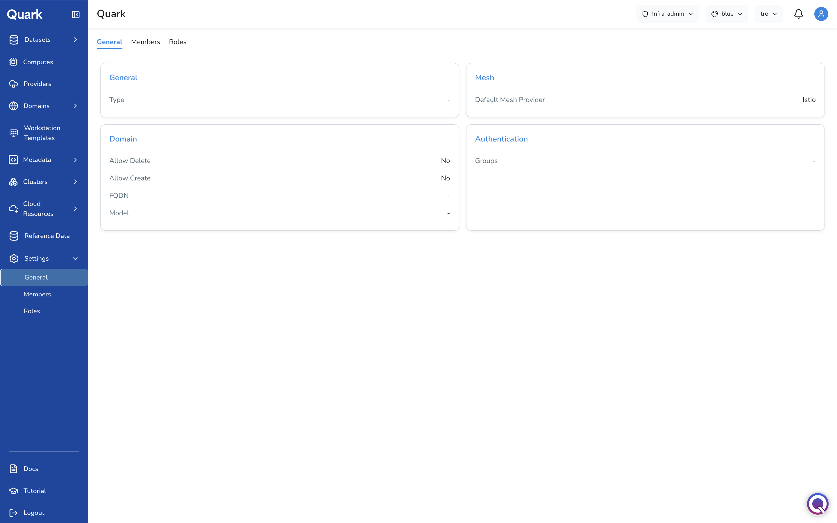 Screenshot: Settings General tab showing the four configuration cards: General, Mesh, Domain, and Authentication