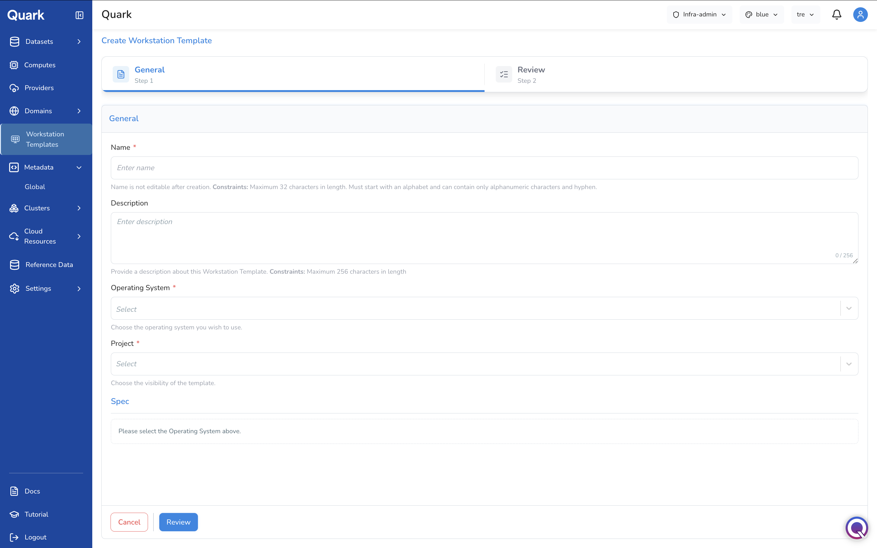 Screenshot: Create Workstation Template Step 1