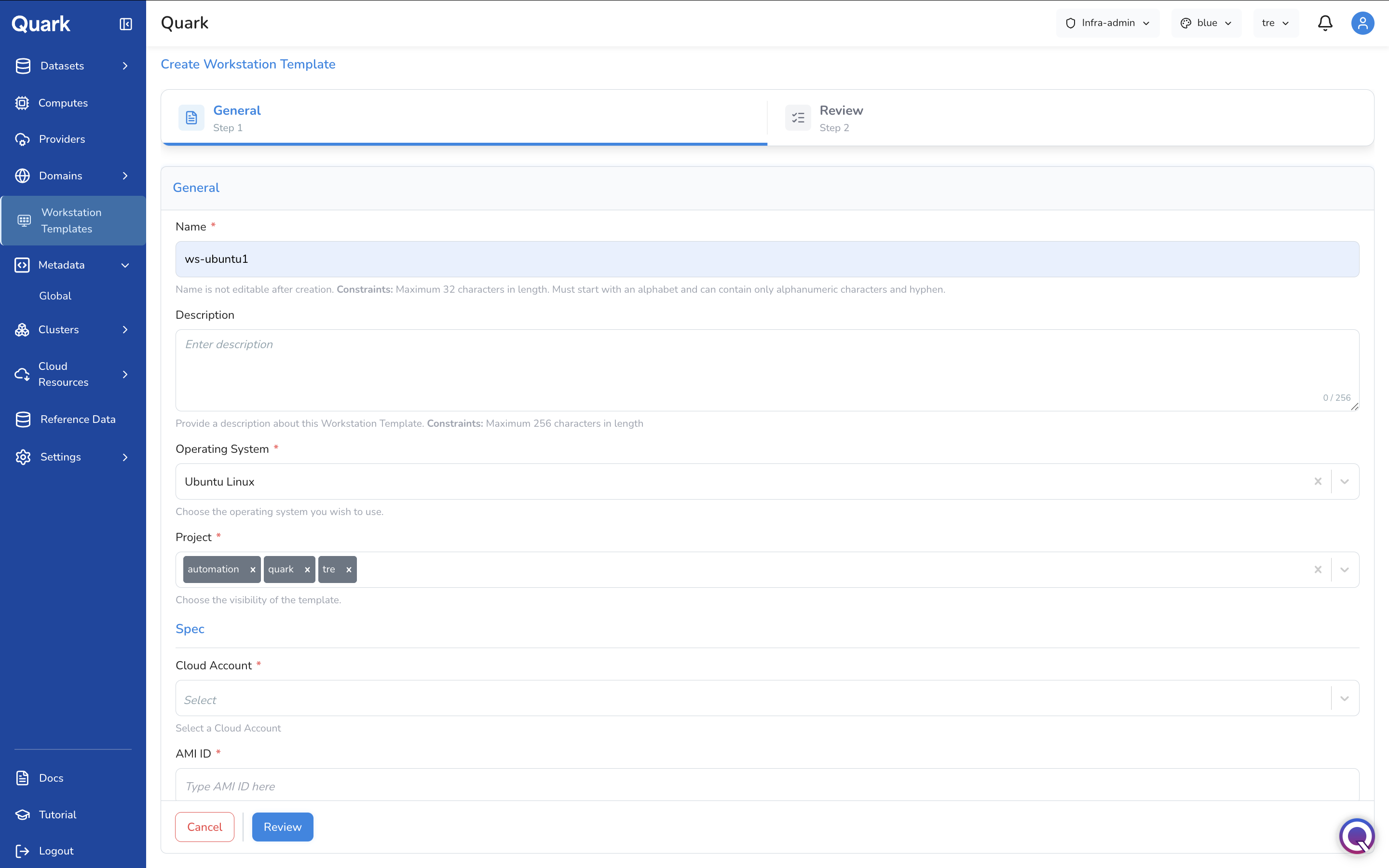 Screenshot: Create Workstation Template wizard scrolled