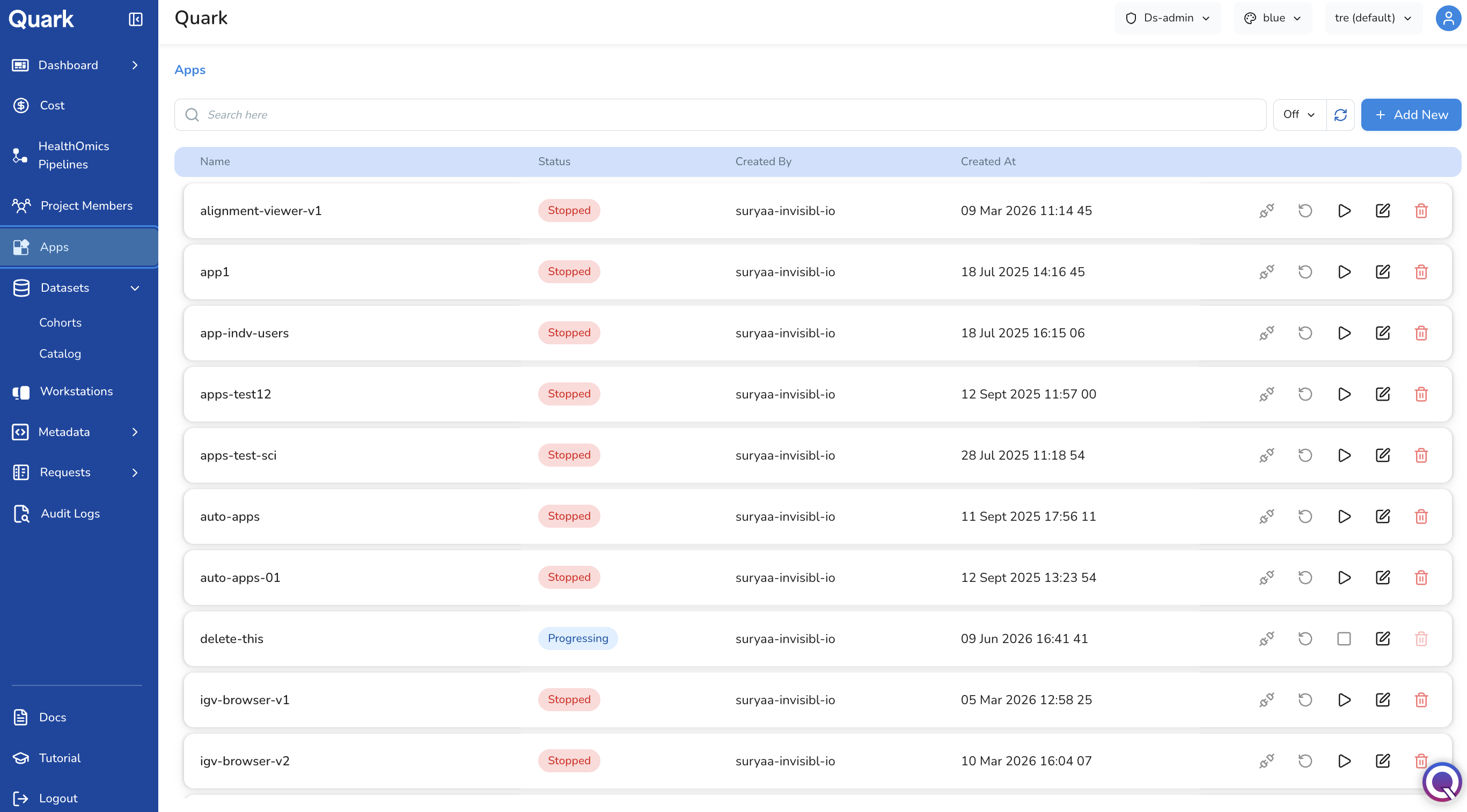 Screenshot: Apps landing page showing the list of configured apps with action icons on each row