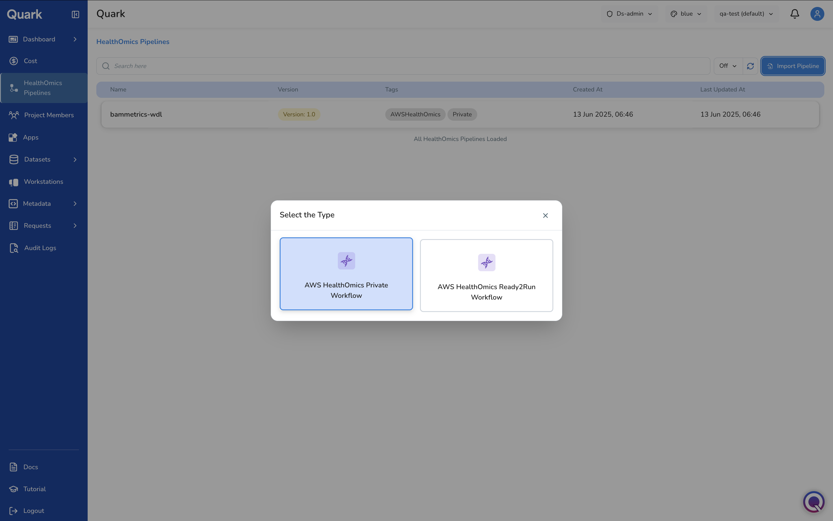 Screenshot: Import Pipeline modal showing the two workflow type options