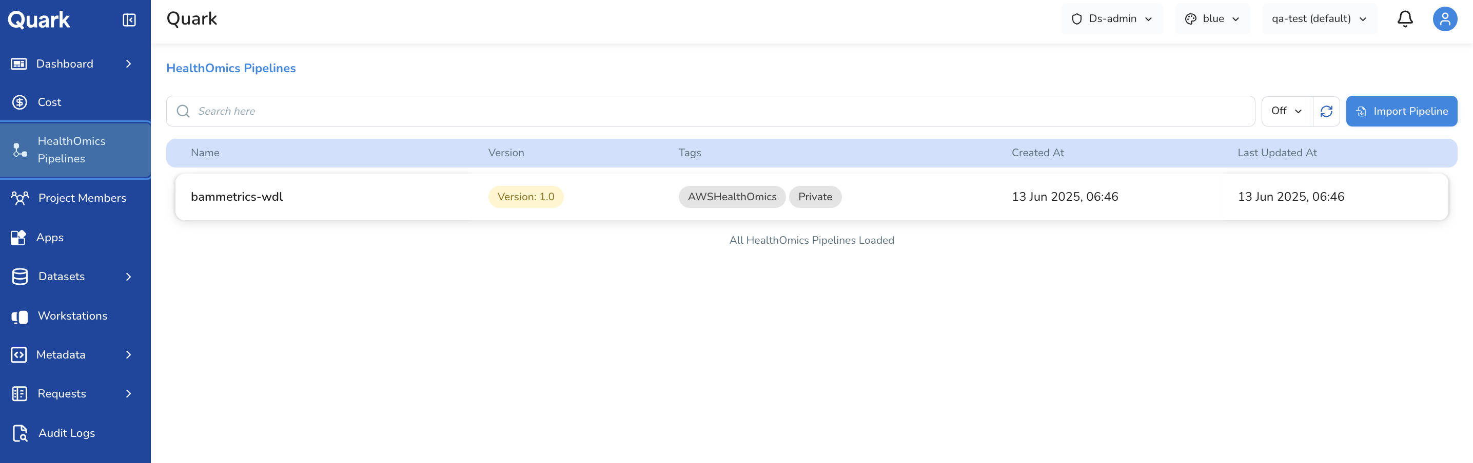 Screenshot: HealthOmics Pipelines landing page