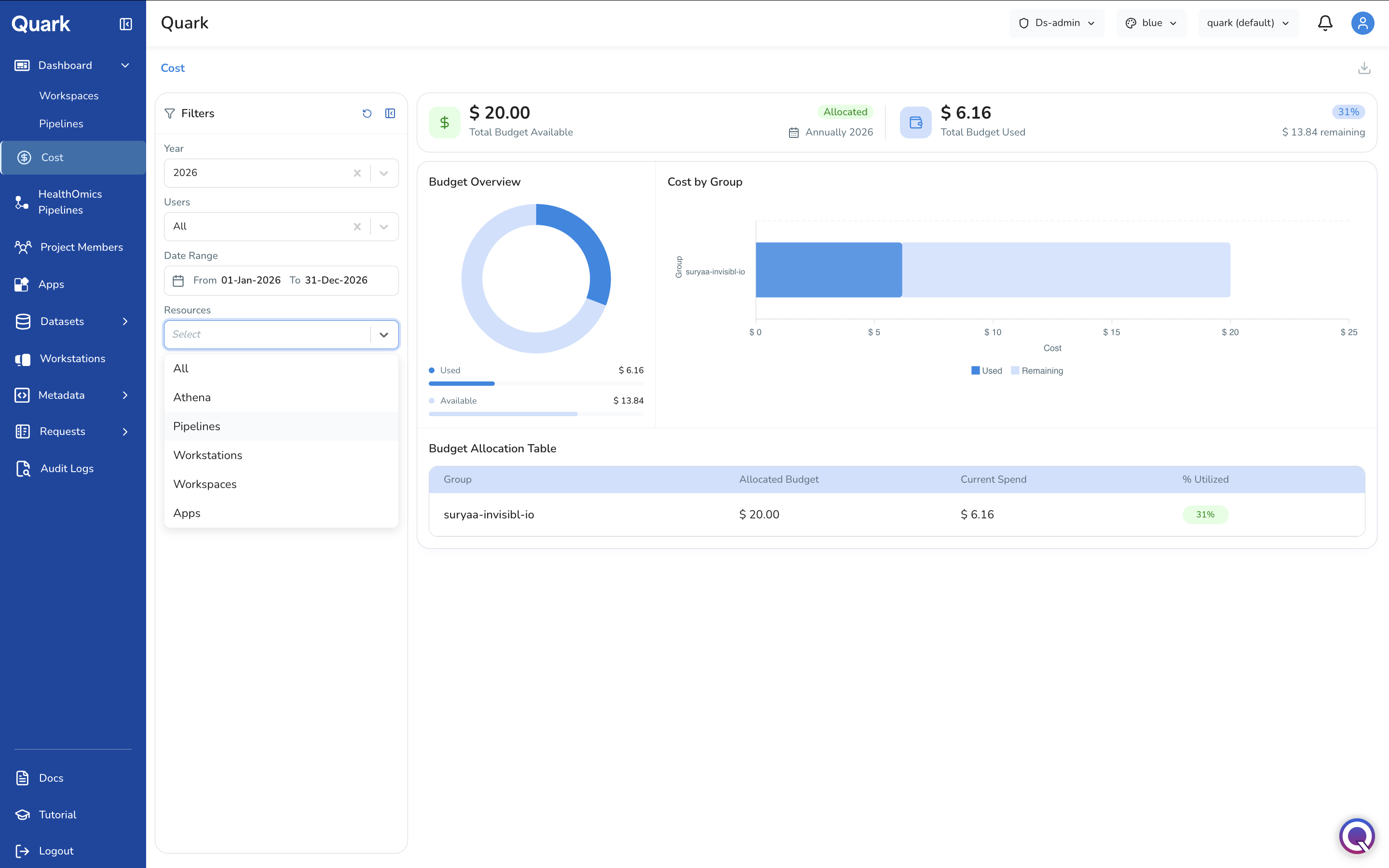 Screenshot: Resource type selector