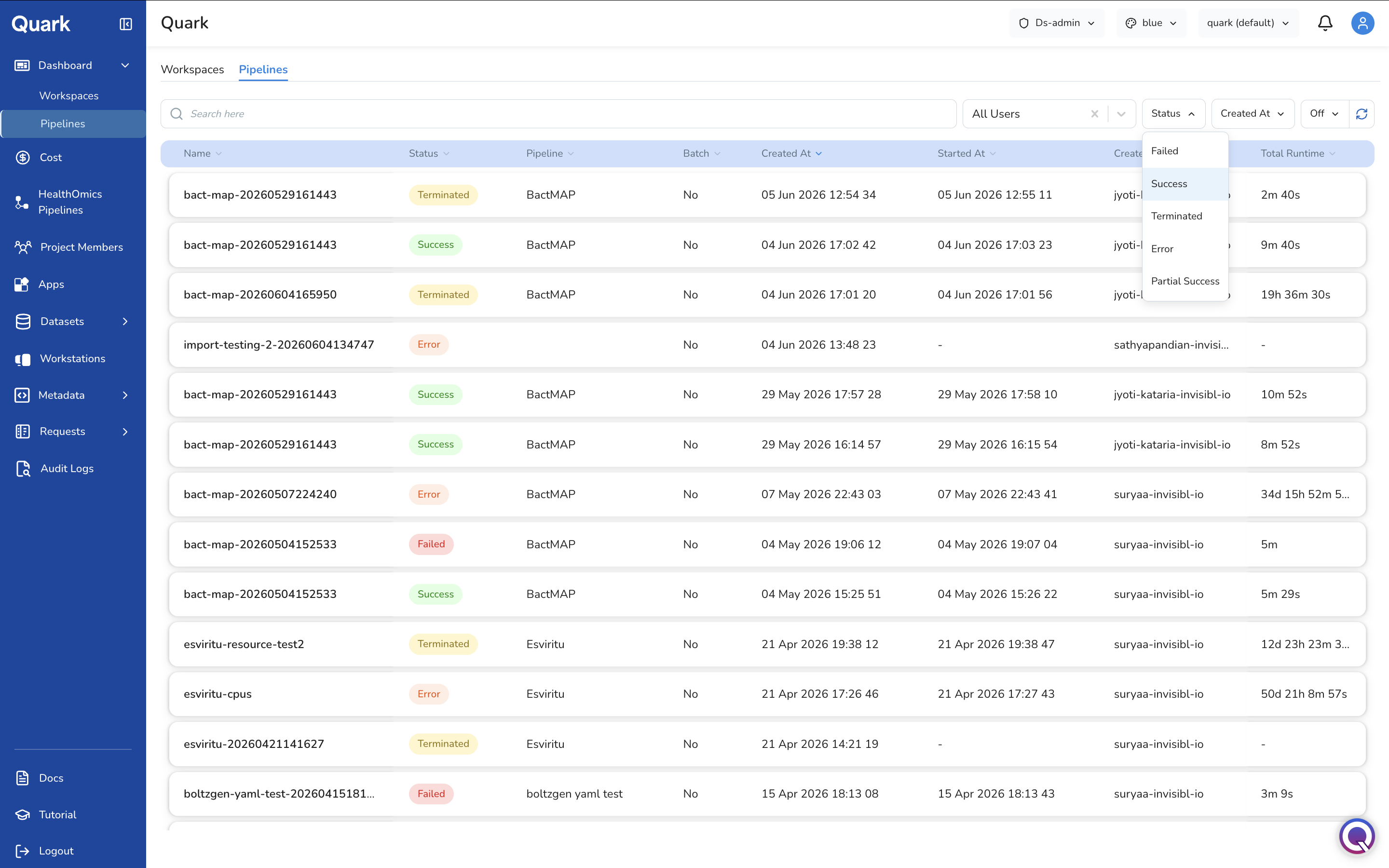 Screenshot: Dashboard Pipelines