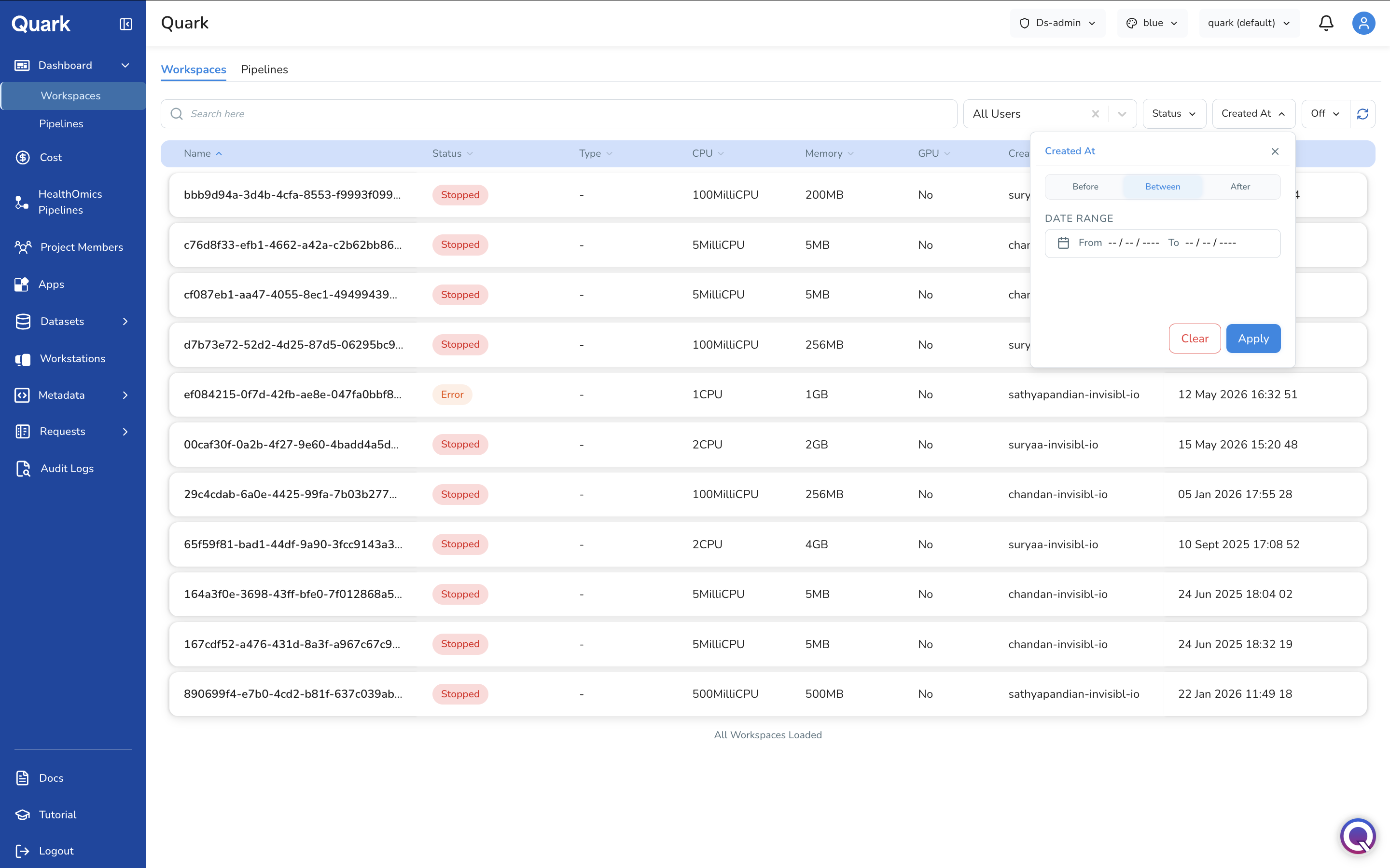 Screenshot: Dashboard overview filter