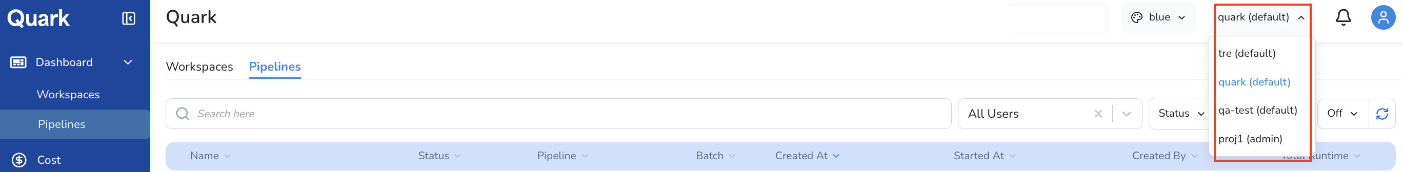 Screenshot: Project dropdown open