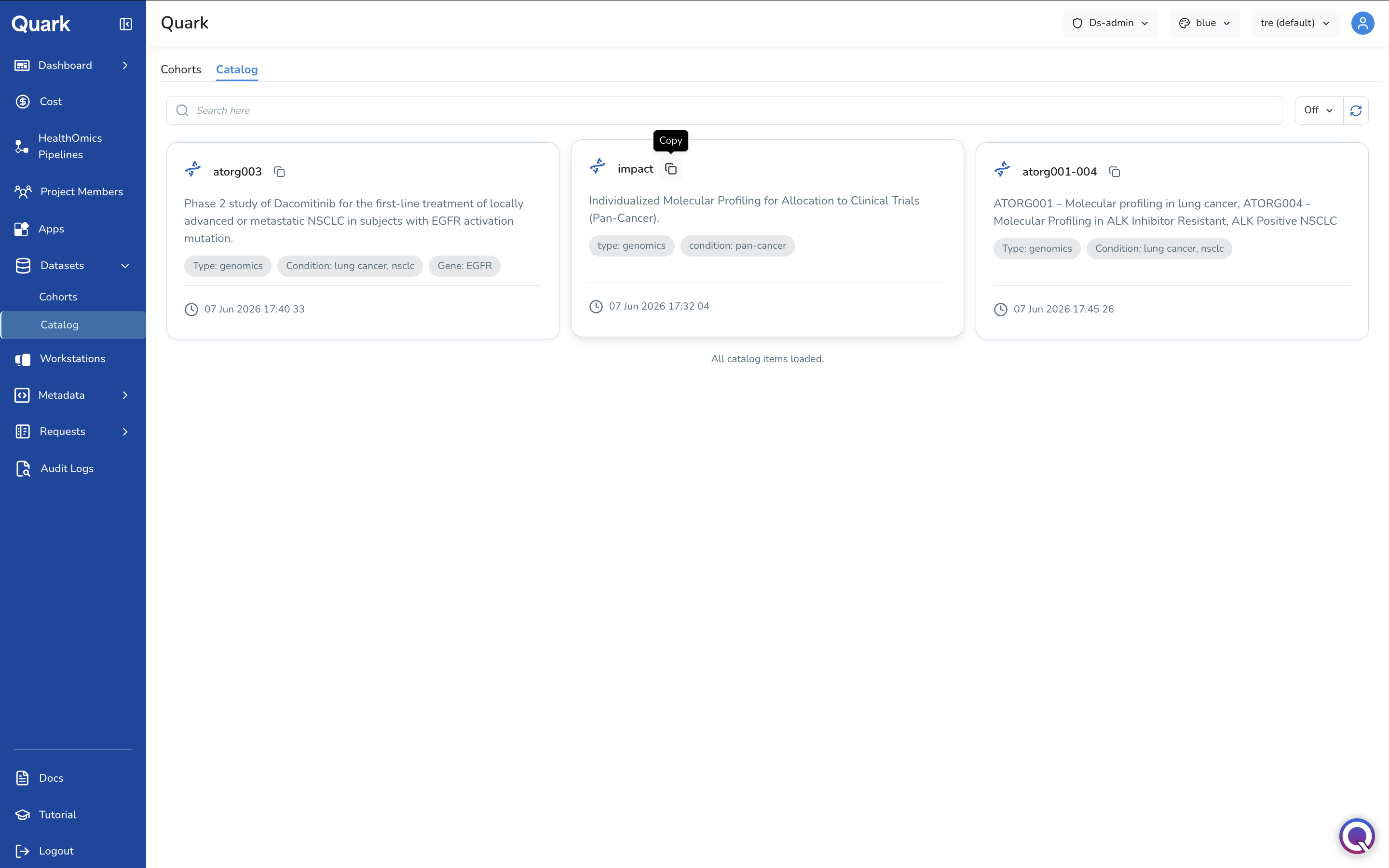 Screenshot: Catalog tab showing dataset cards with name, description, tags, and last updated date