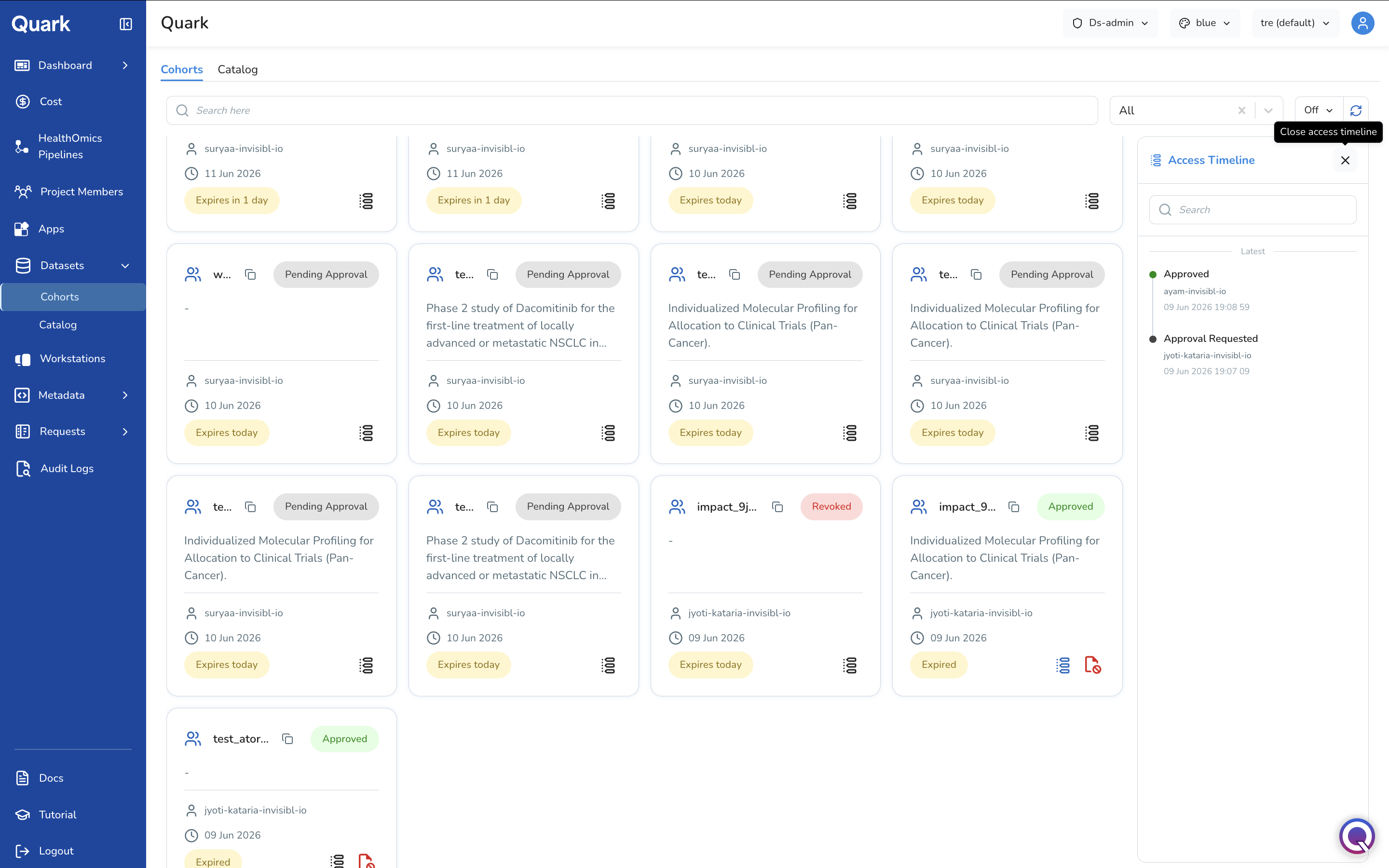 Screenshot: Access Timeline panel showing a reverse-chronological list of approval events with user and timestamp