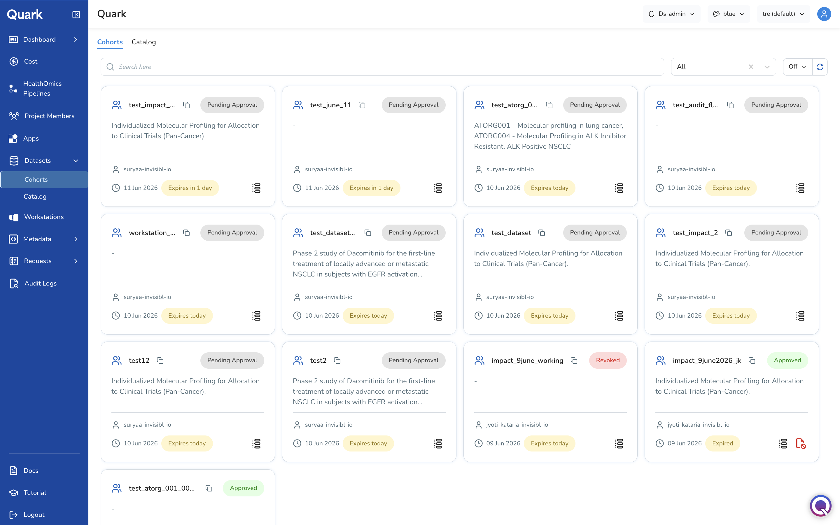Screenshot: Cohorts tab showing a grid of cohort cards with status badges, requesting user, date, and expiry information