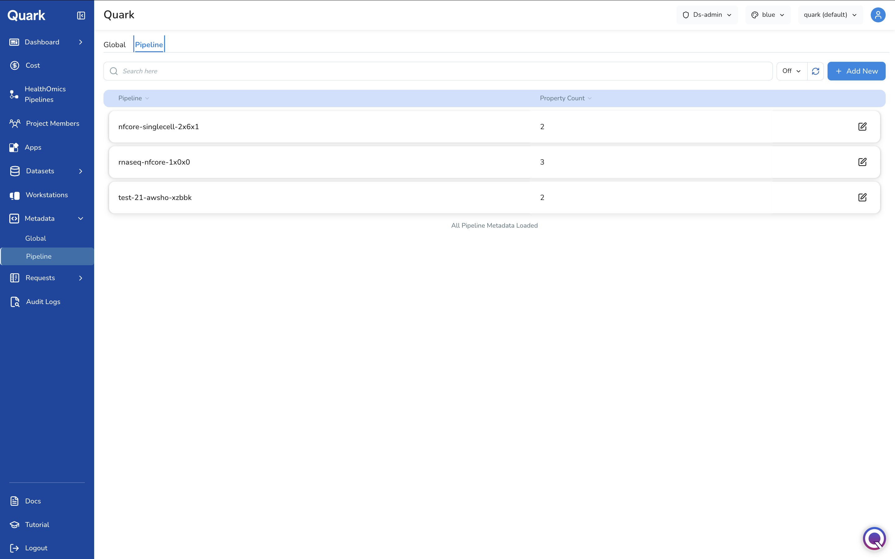 Screenshot: Pipeline tab showing a table of pipelines with Pipeline and Property Count columns
