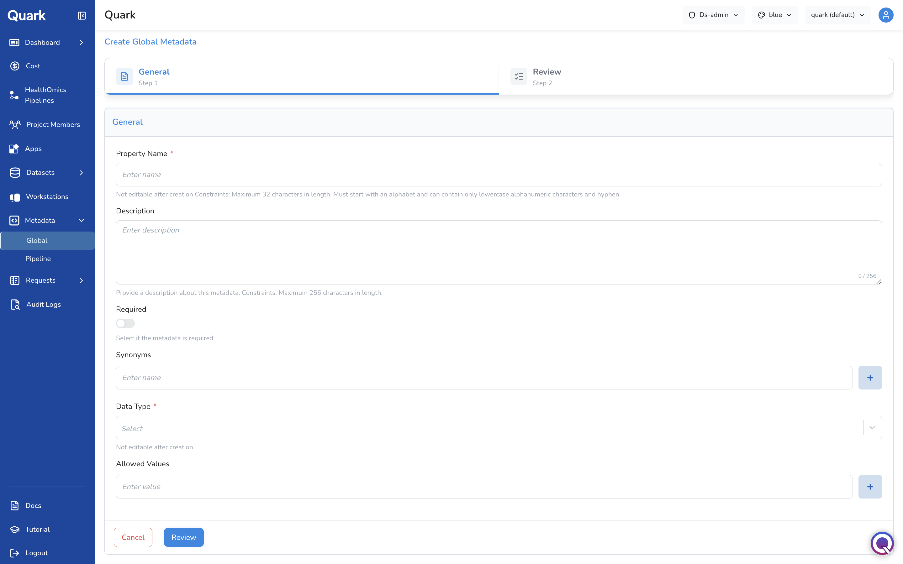 Screenshot: Create Global Metadata form showing Property Name, Description, Required toggle, Synonyms, Data Type, and Allowed Values fields