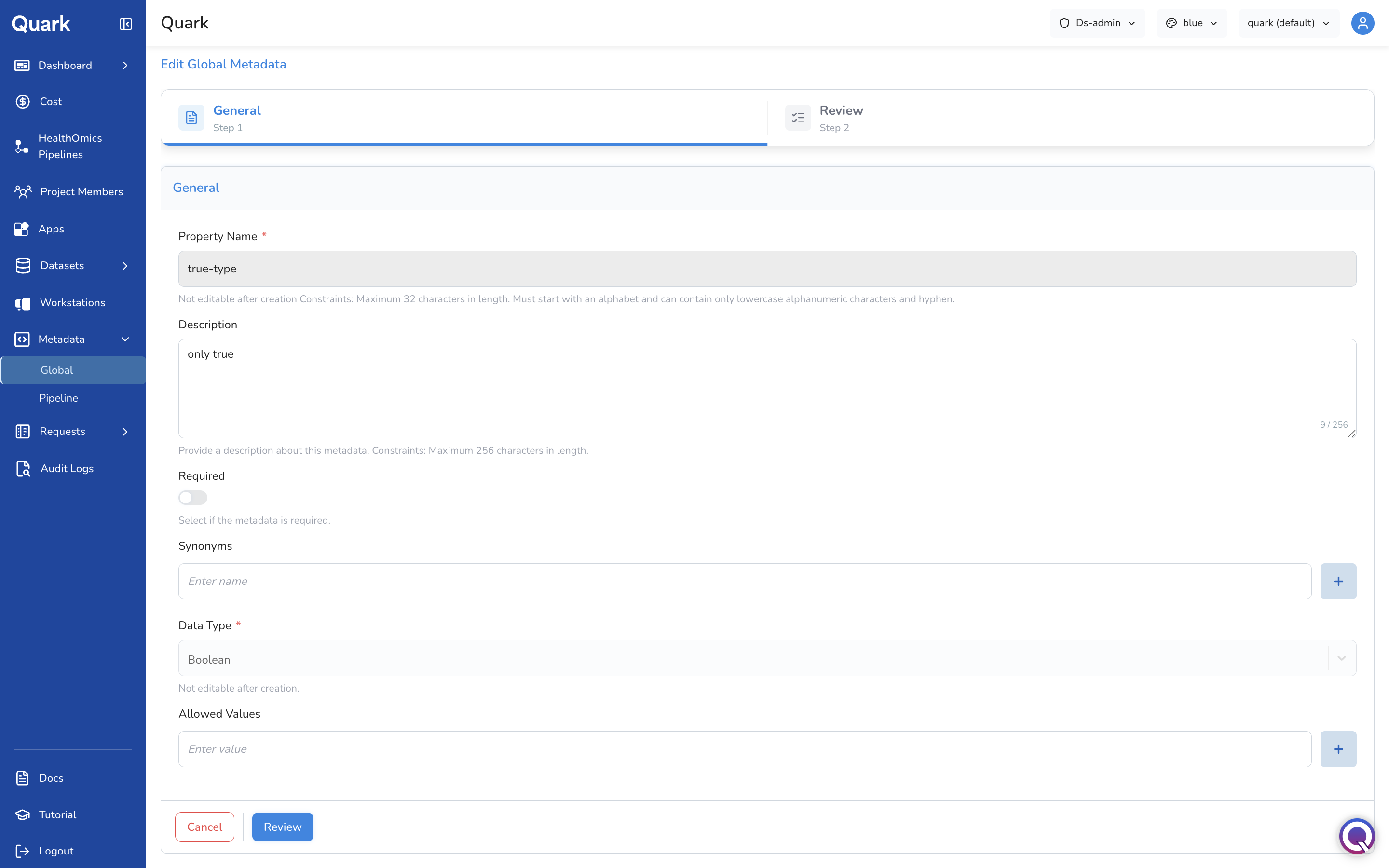 Screenshot: Edit Global Metadata form showing the existing configuration for a property, with Property Name and Data Type fields locked