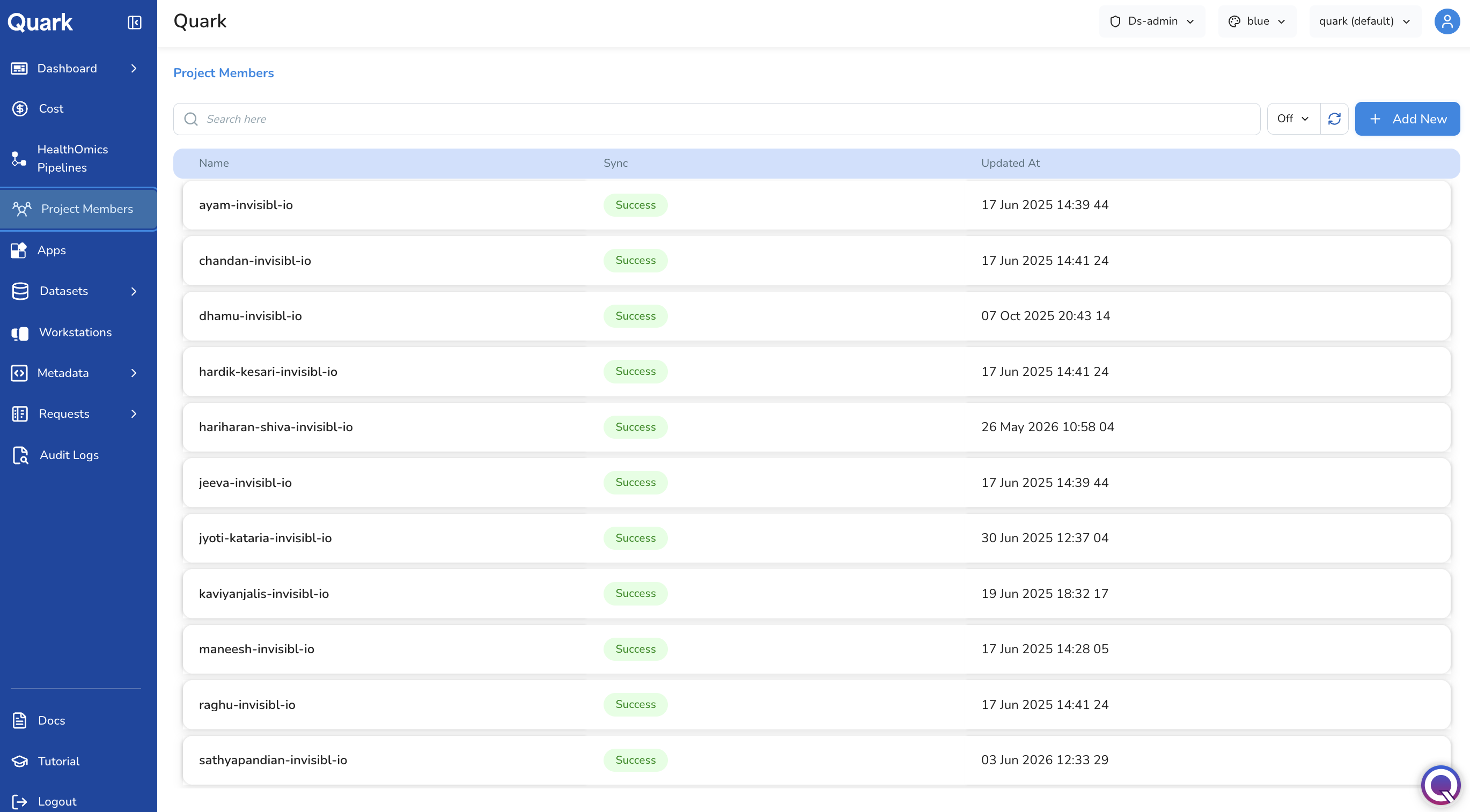 Screenshot: Project Members list for a selected project, showing columns for User Name, Email, Status, and Status Last Updated