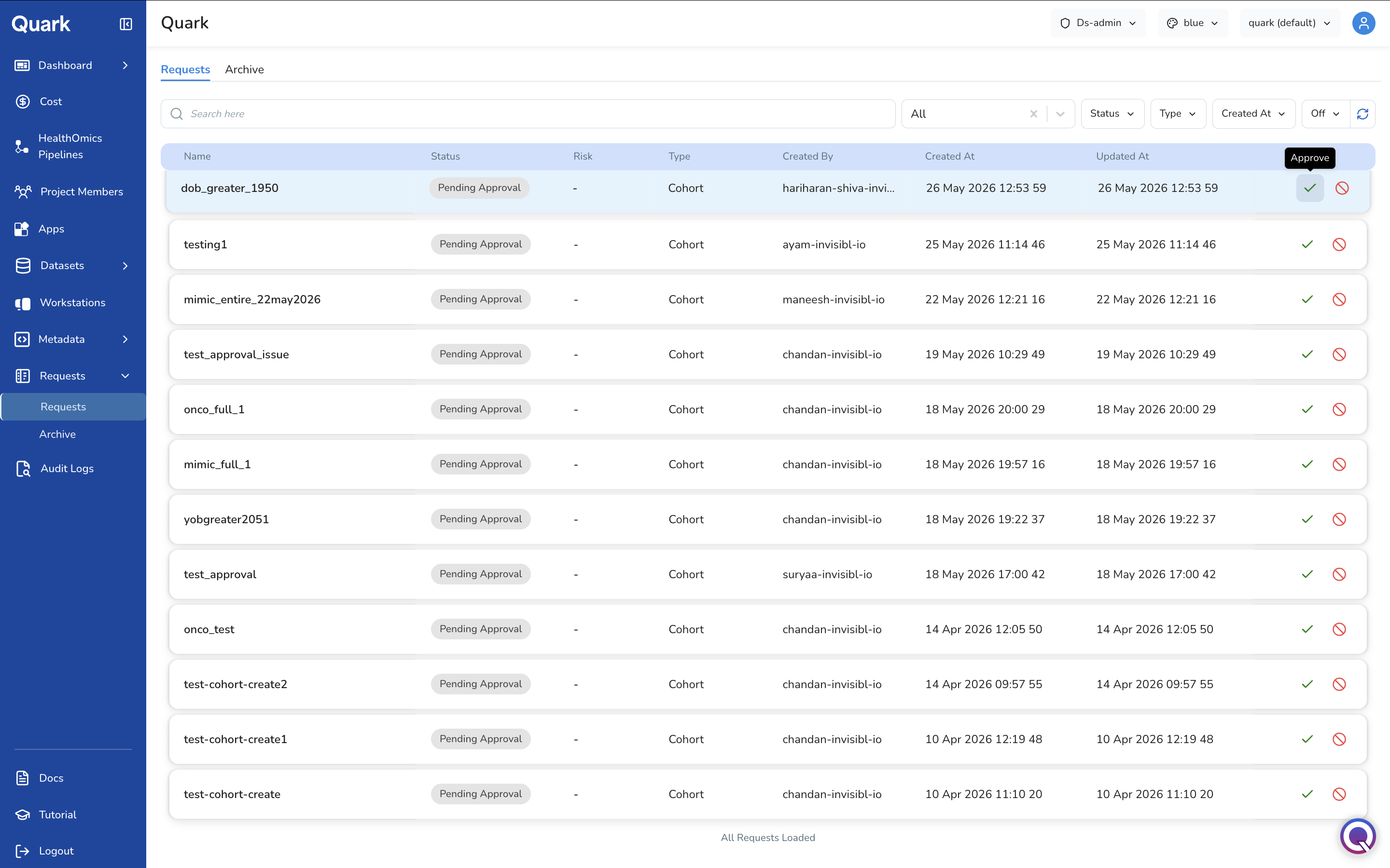 Screenshot: Requests list with the Approve tooltip visible on the green checkmark icon for a row