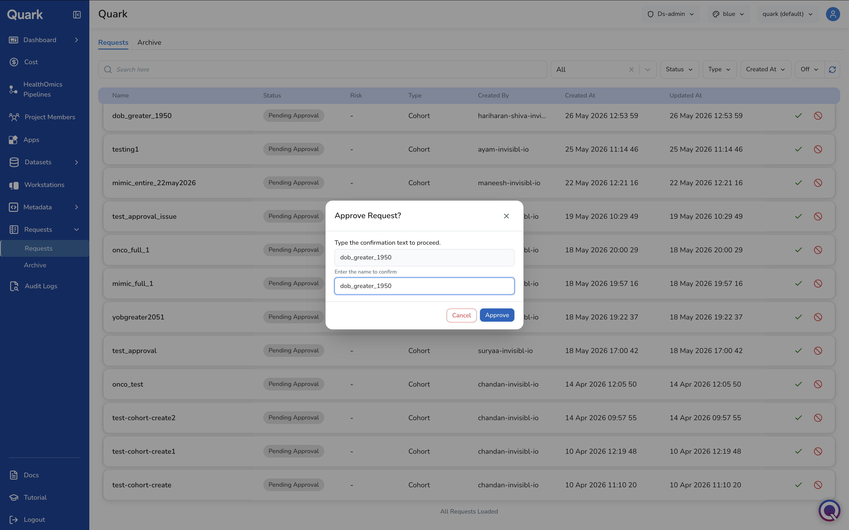 Screenshot: Approve Request confirmation dialog asking the administrator to type the request name to confirm