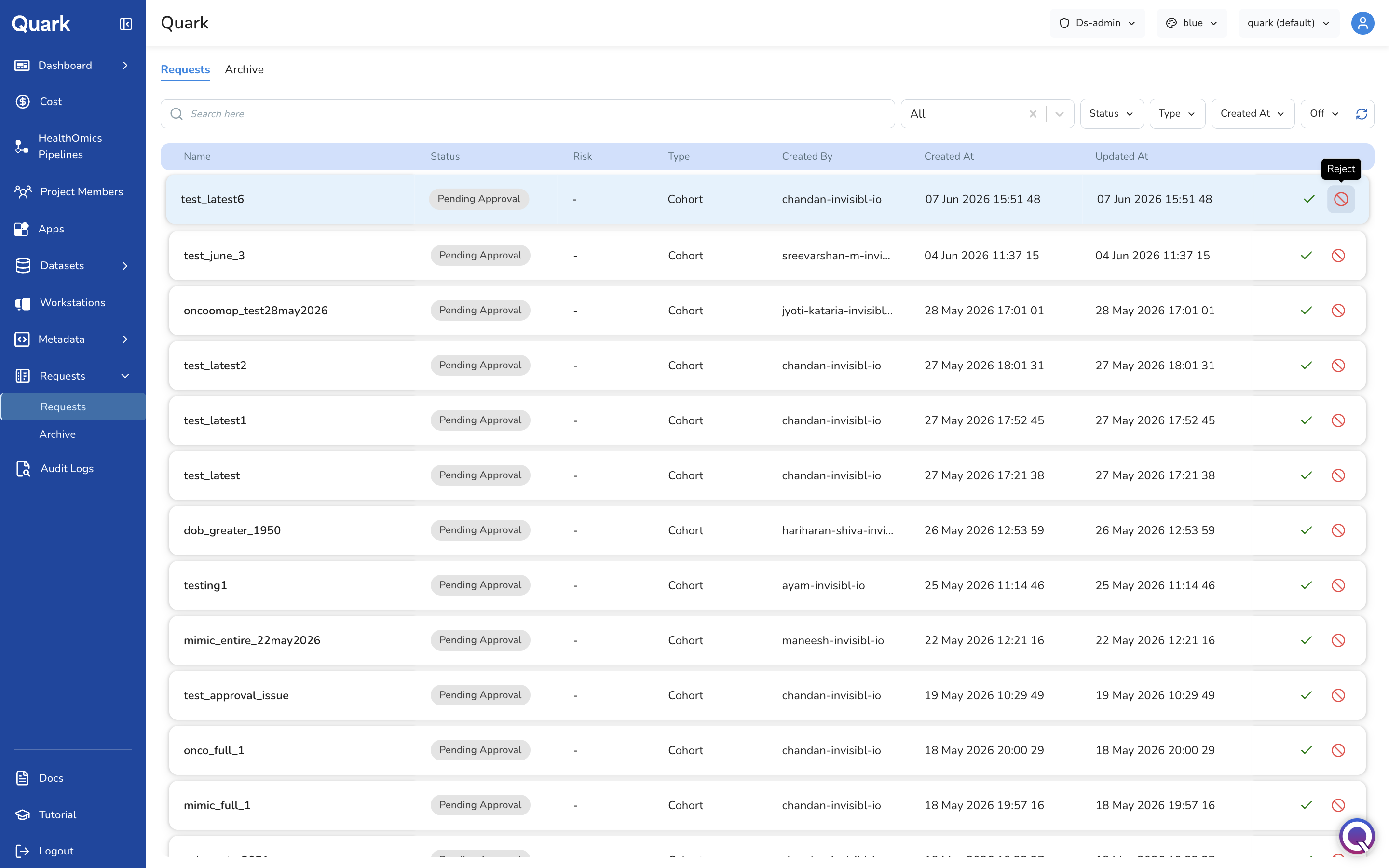 Screenshot: Reject Request confirmation dialog with the Reject tooltip visible and the confirmation text field