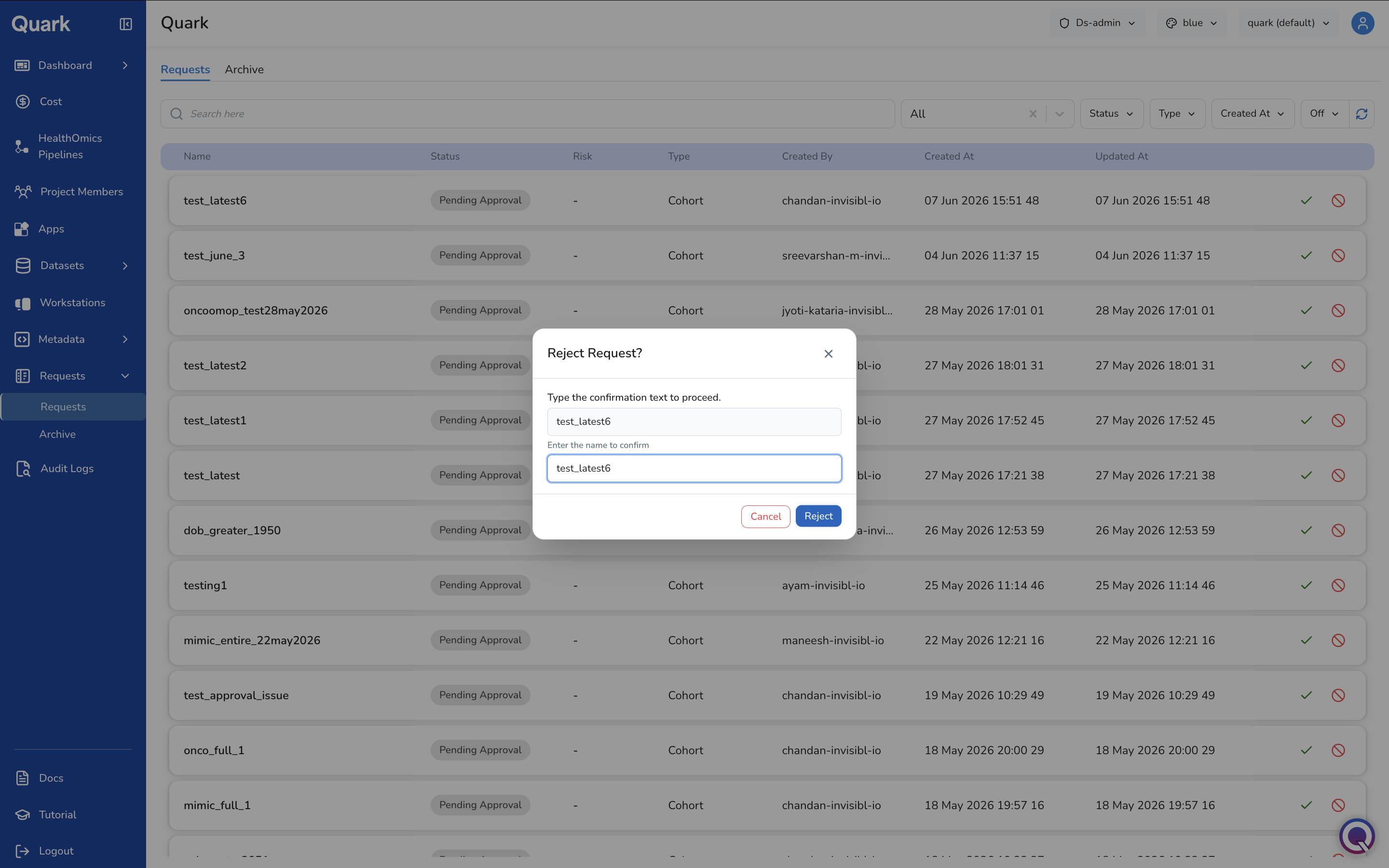 Screenshot: Reject Request confirmation dialog asking the administrator to type the request name to confirm