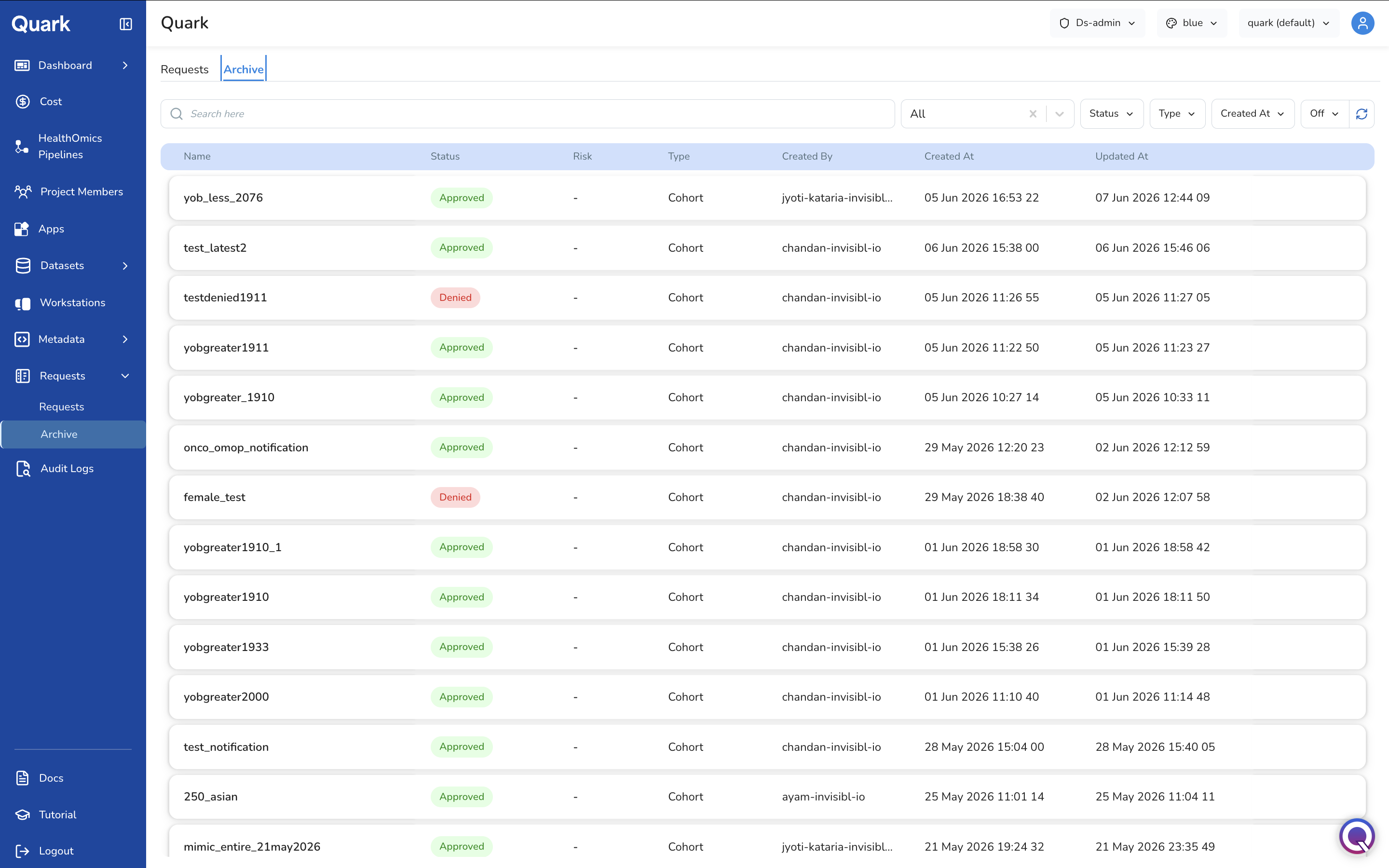 Screenshot: Archive tab showing resolved requests with Approved and Denied statuses