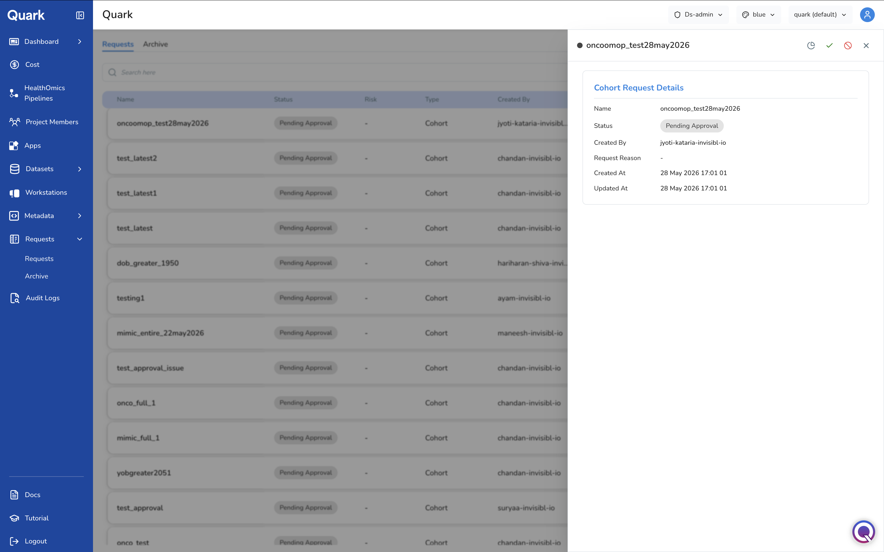 Screenshot: Cohort Request Details side panel showing Name, Status, Created By, Request Reason, Created At, and Updated At, with action icons in the header