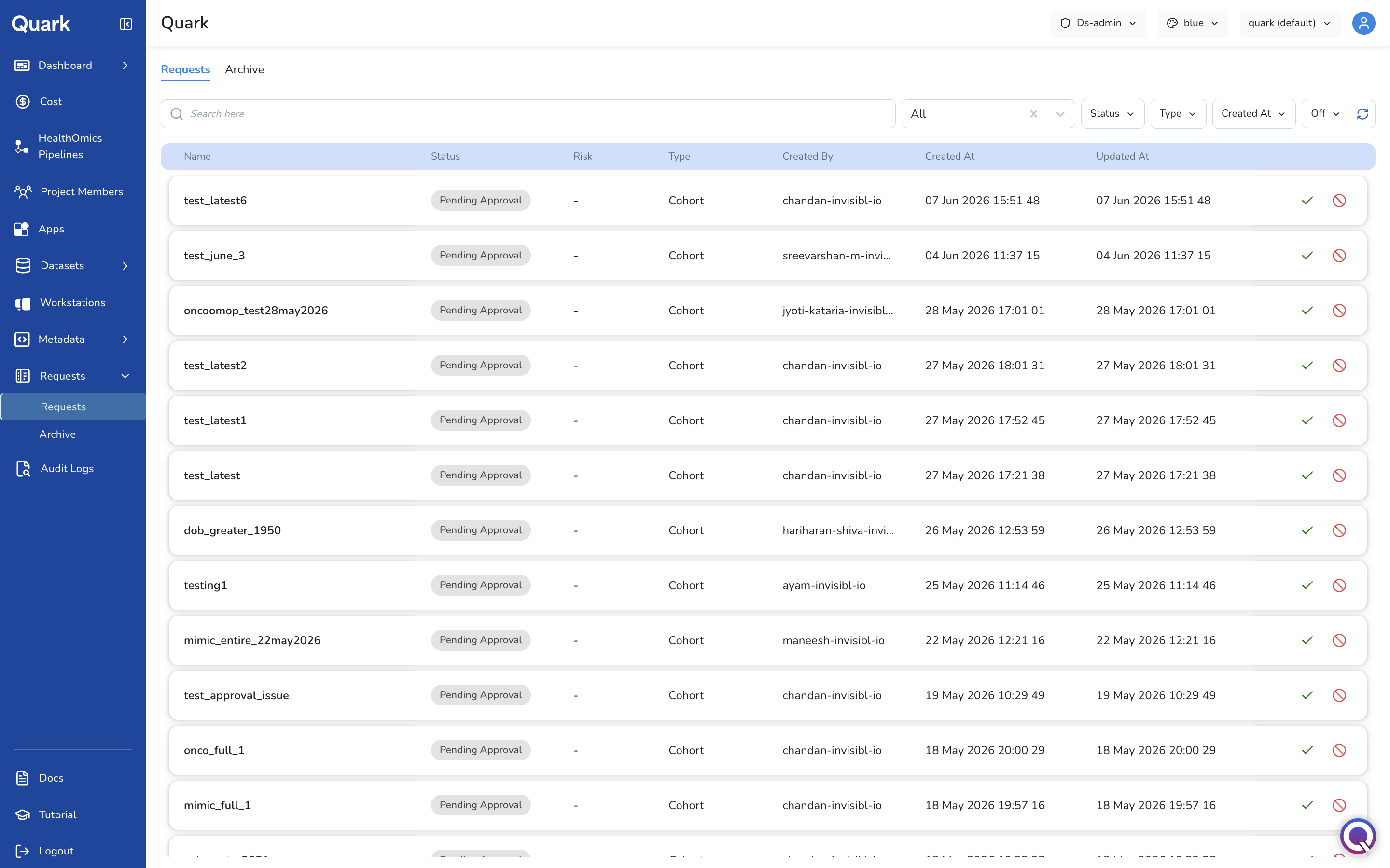 Screenshot: Requests landing page showing the active queue with columns for Name, Status, Risk, Type, Created By, Created At, and Updated At