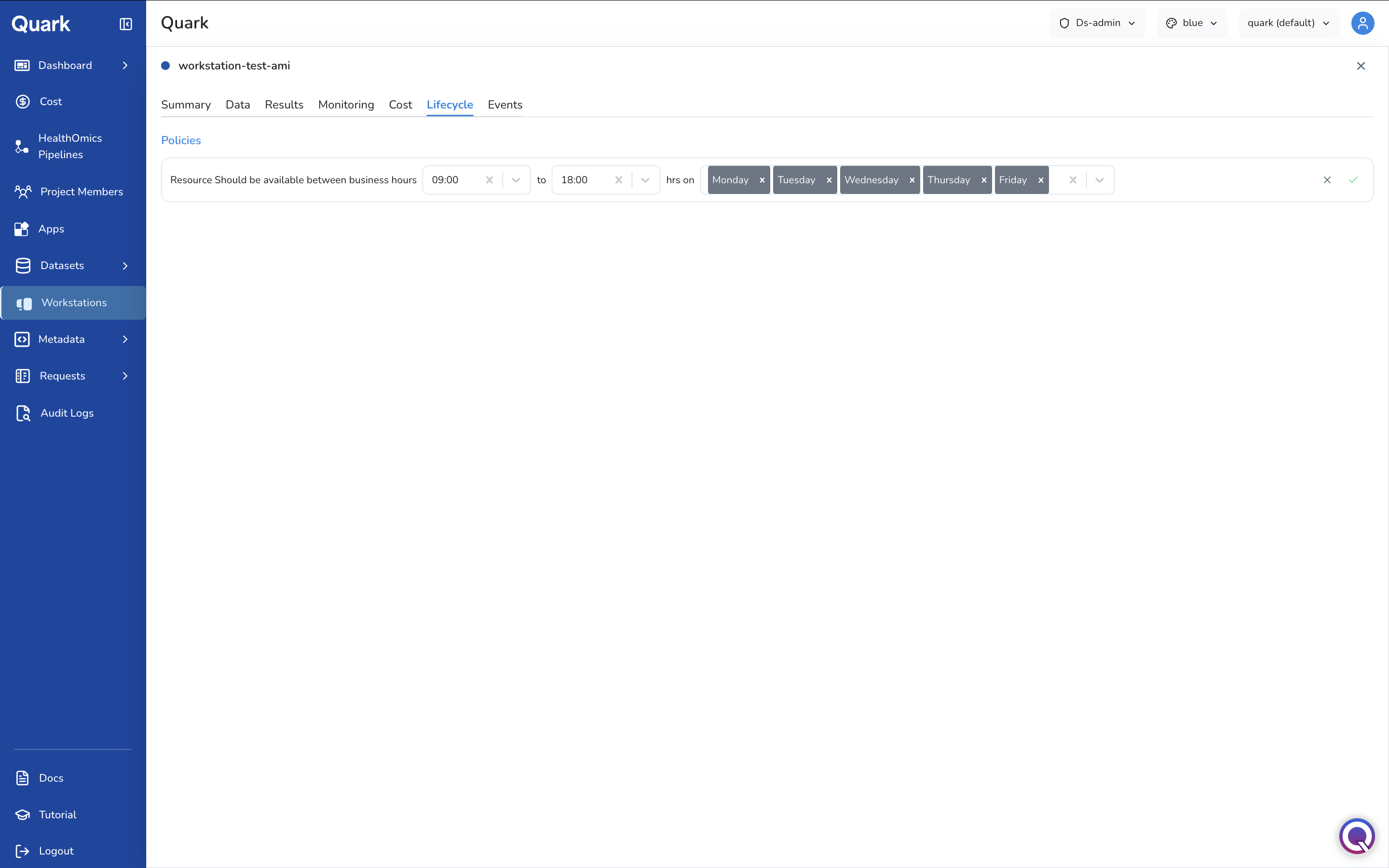 Screenshot: Workstation Lifecycle tab showing a policy that restricts availability to business hours on weekdays