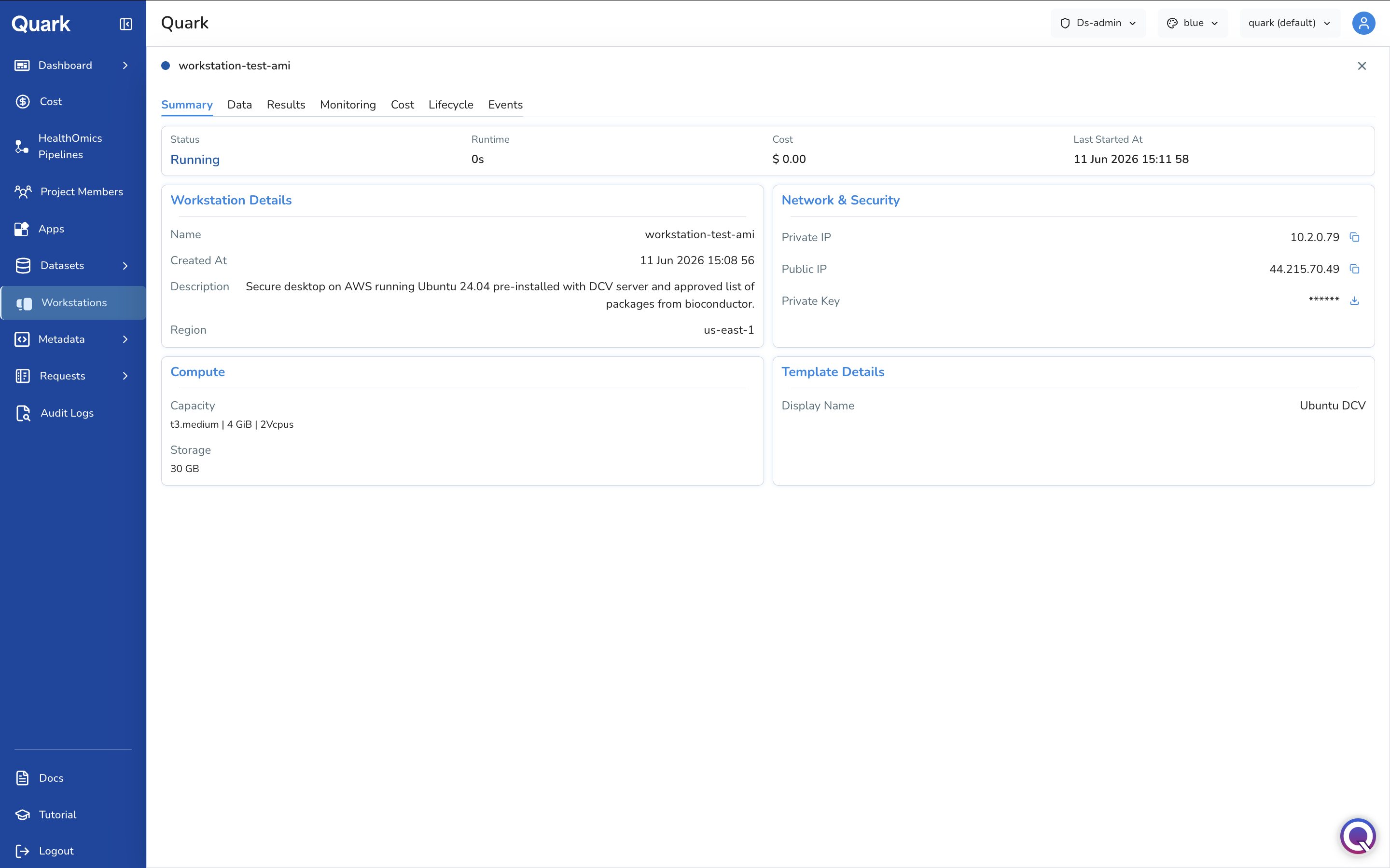 Screenshot: Workstation Summary tab showing Status, Runtime, Cost, Workstation Details, Network & Security, Compute, and Template Details