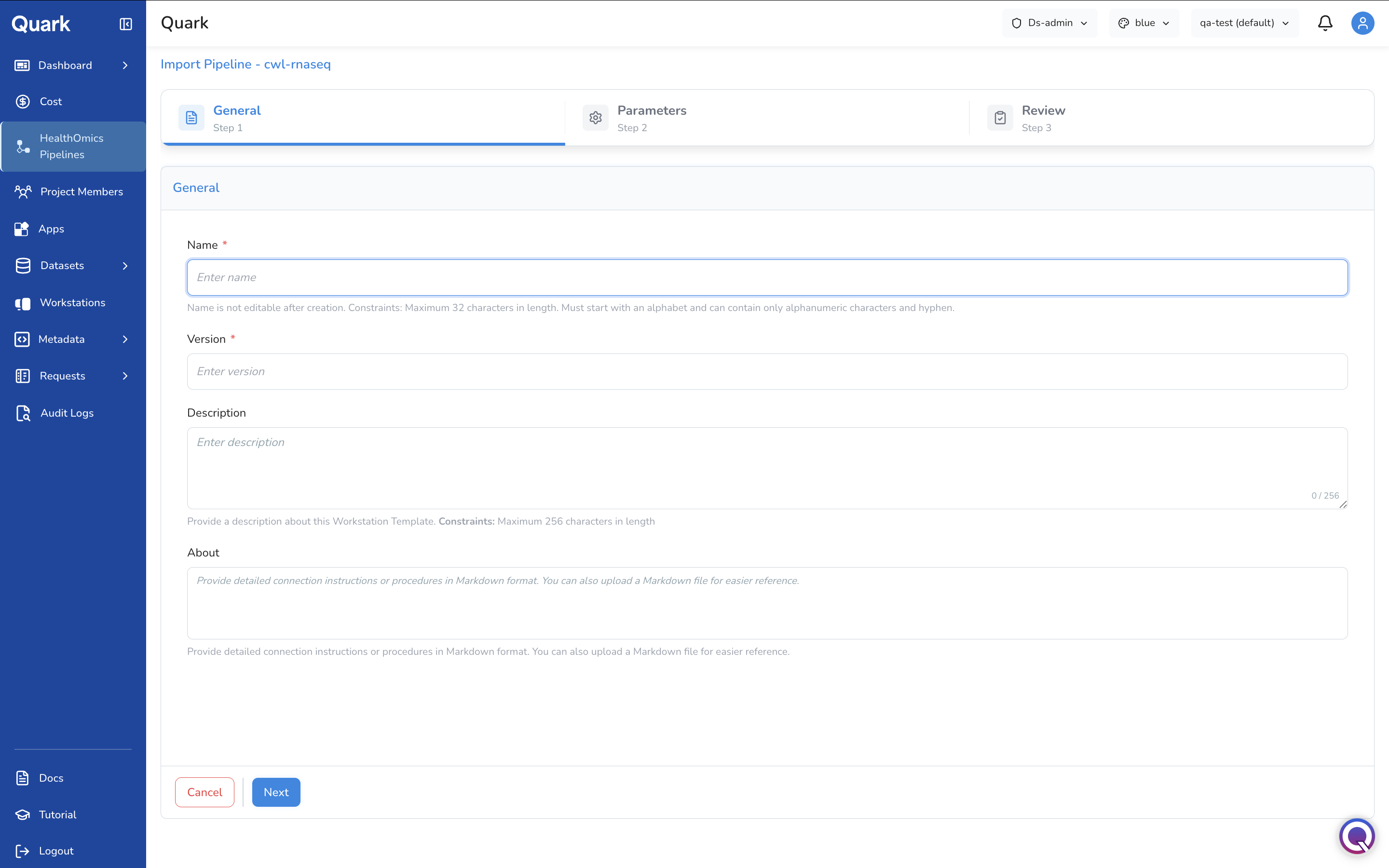 Screenshot: General Parameters tab of the Import Pipeline wizard with Name, Version, and Description fields