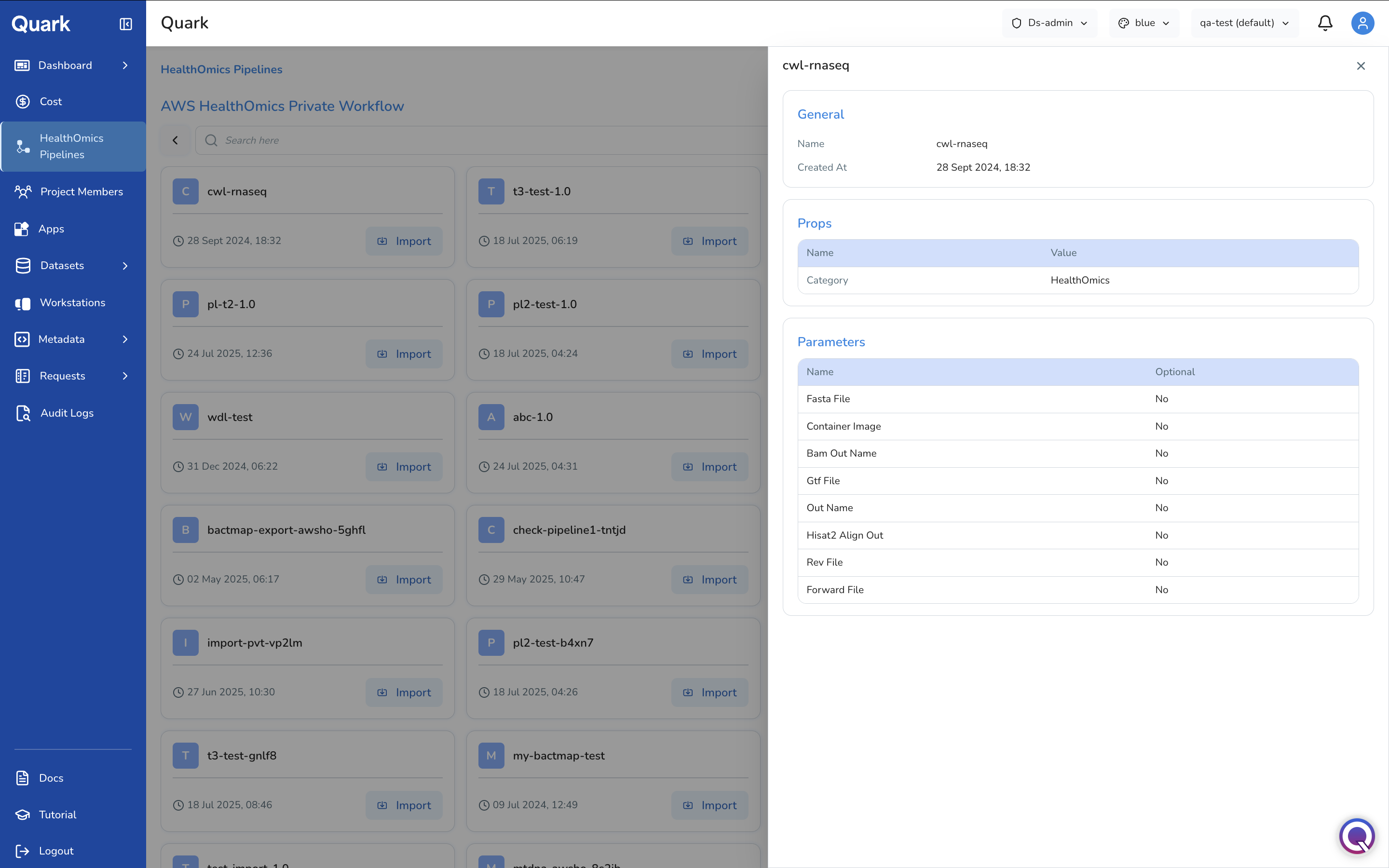 Screenshot: General Parameters tab of the Import Pipeline wizard with Name, Version, and Description fields