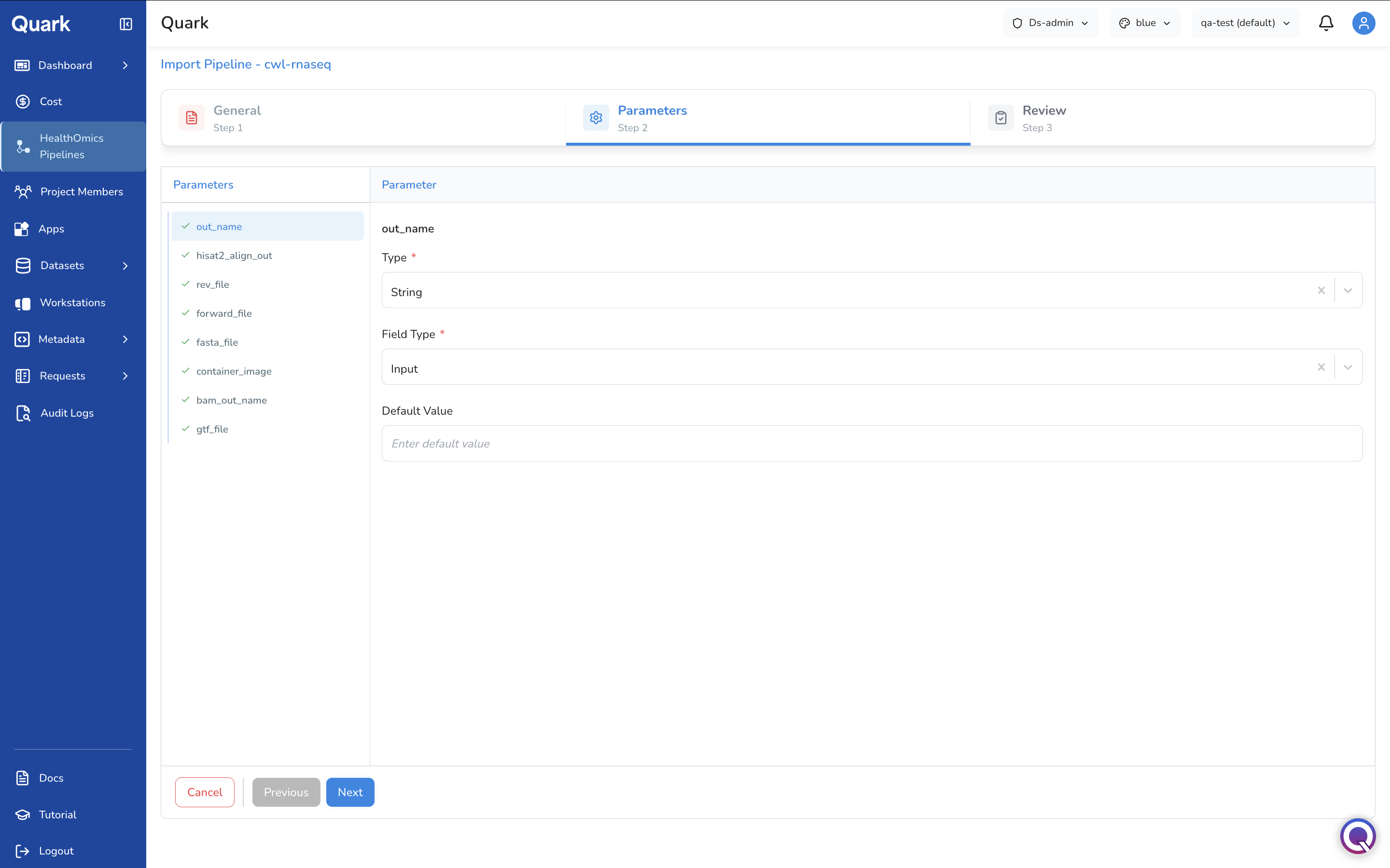 Screenshot: Pipeline Parameters tab showing parameter definitions with data type selectors and default value fields