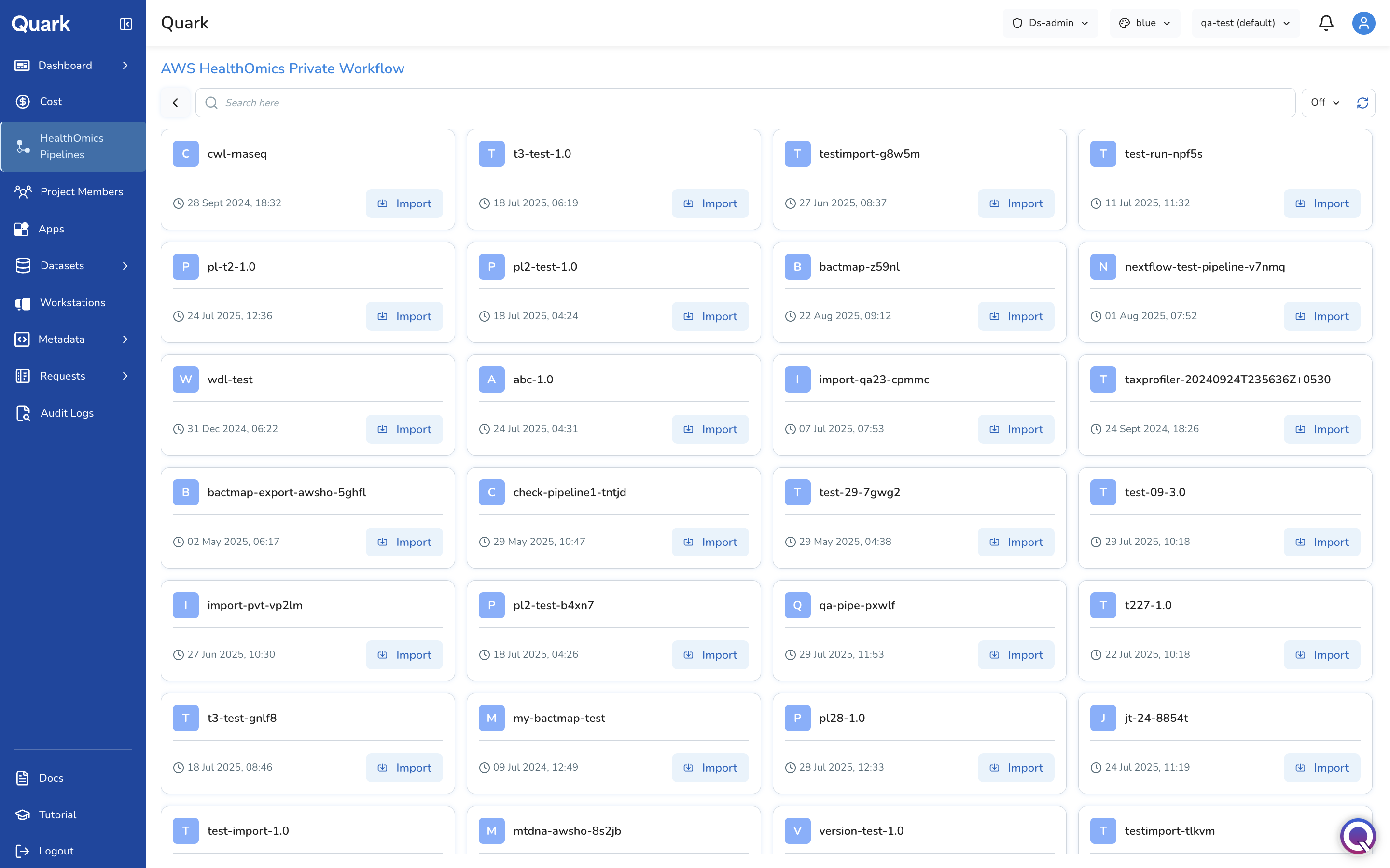 Screenshot: Private Workflow catalogue listing available organisation workflows with an Import button on each
