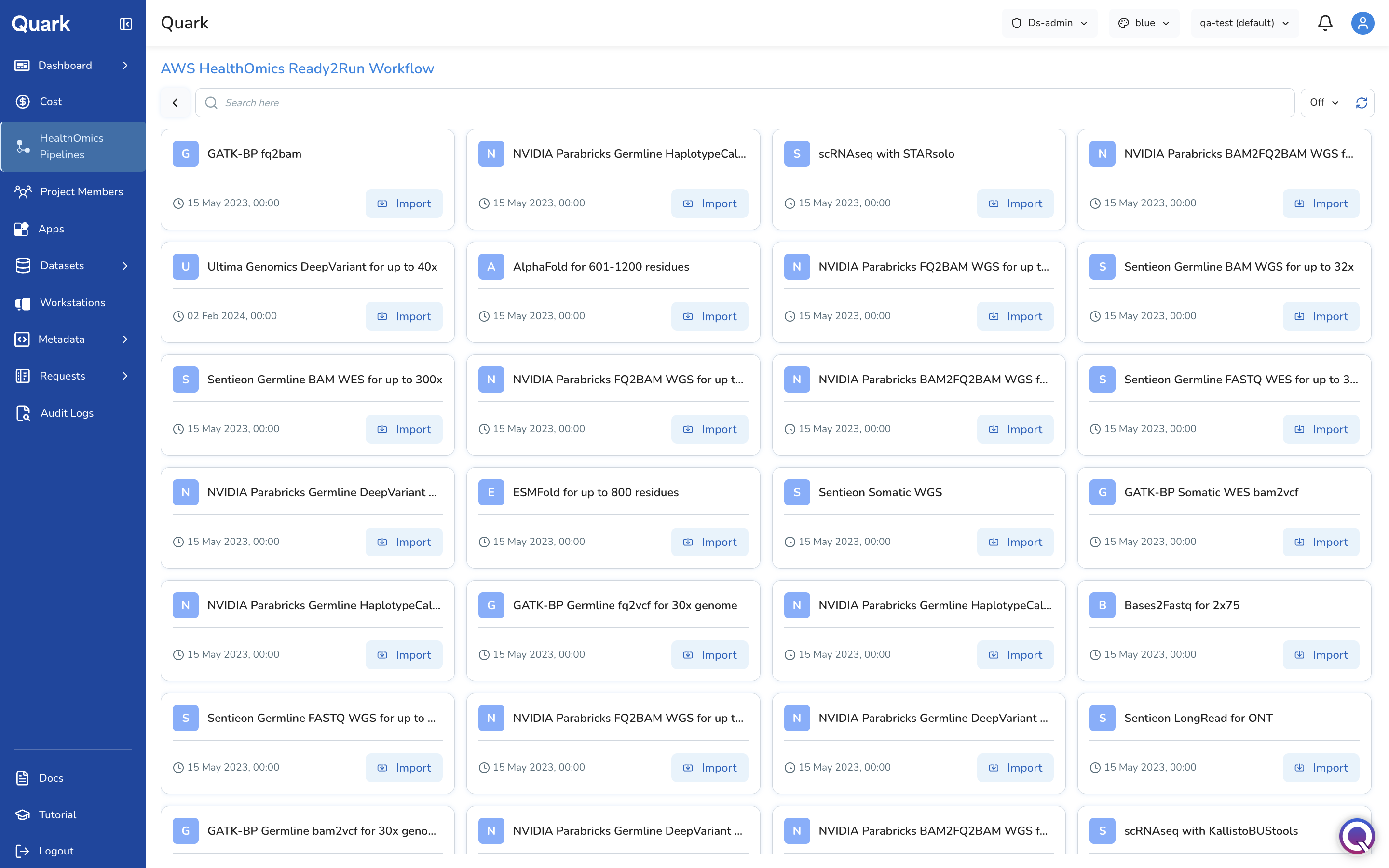 Screenshot: Ready2Run Workflow catalogue showing available AWS-maintained pipelines