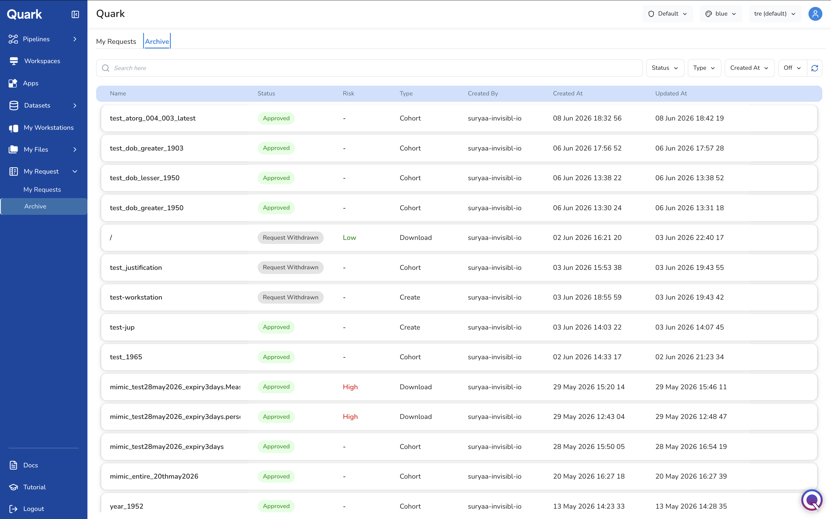 Screenshot: Archive tab showing resolved requests with Approved and Request Withdrawn statuses