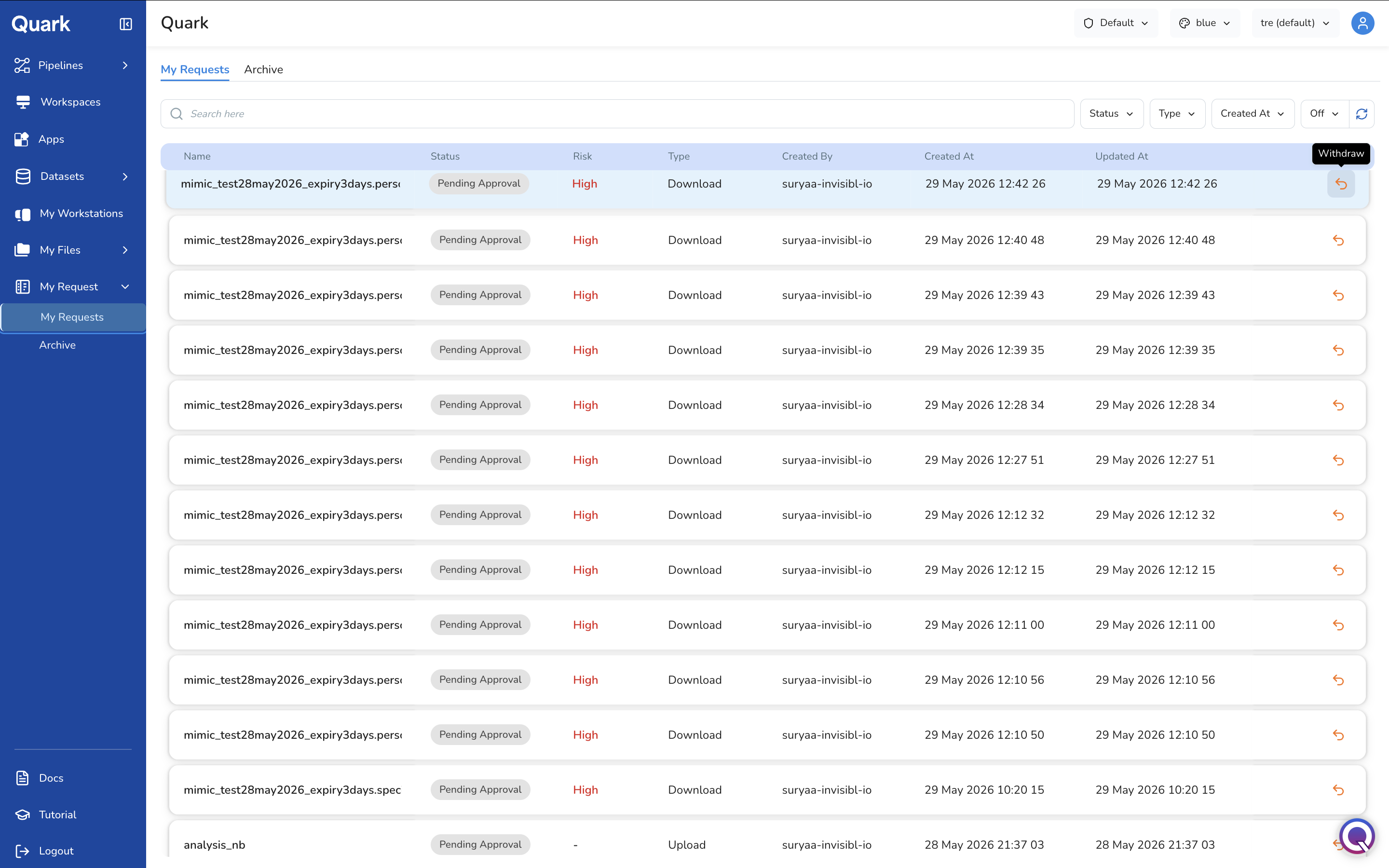 Screenshot: My Requests tab with the Withdraw tooltip visible on the action icon for a pending request