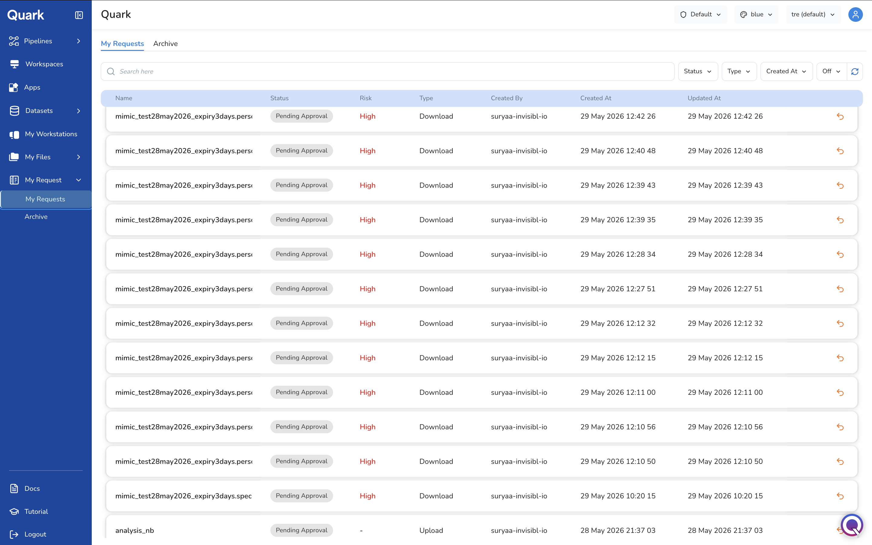 Screenshot: My Requests tab showing a table of pending requests with Name, Status, Risk, Type, Created By, Created At, and Updated At columns