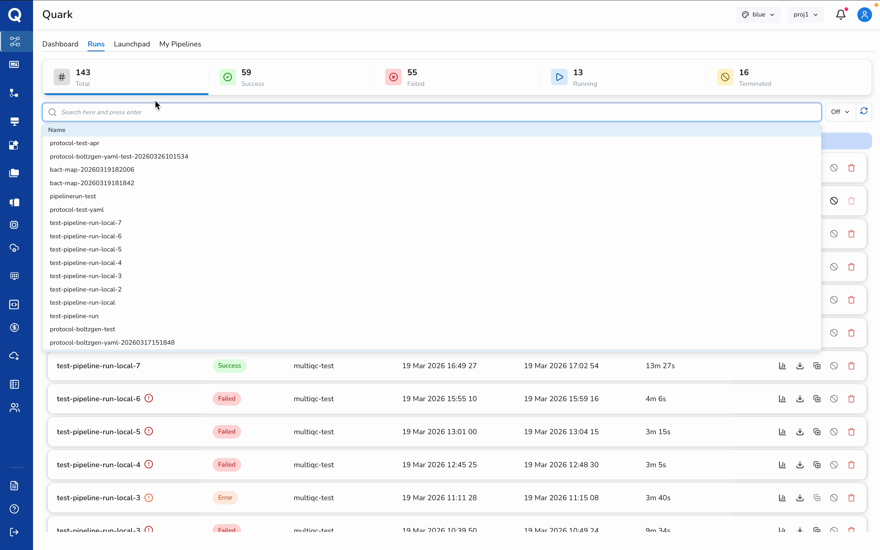Search bar and filter options on the Runs page