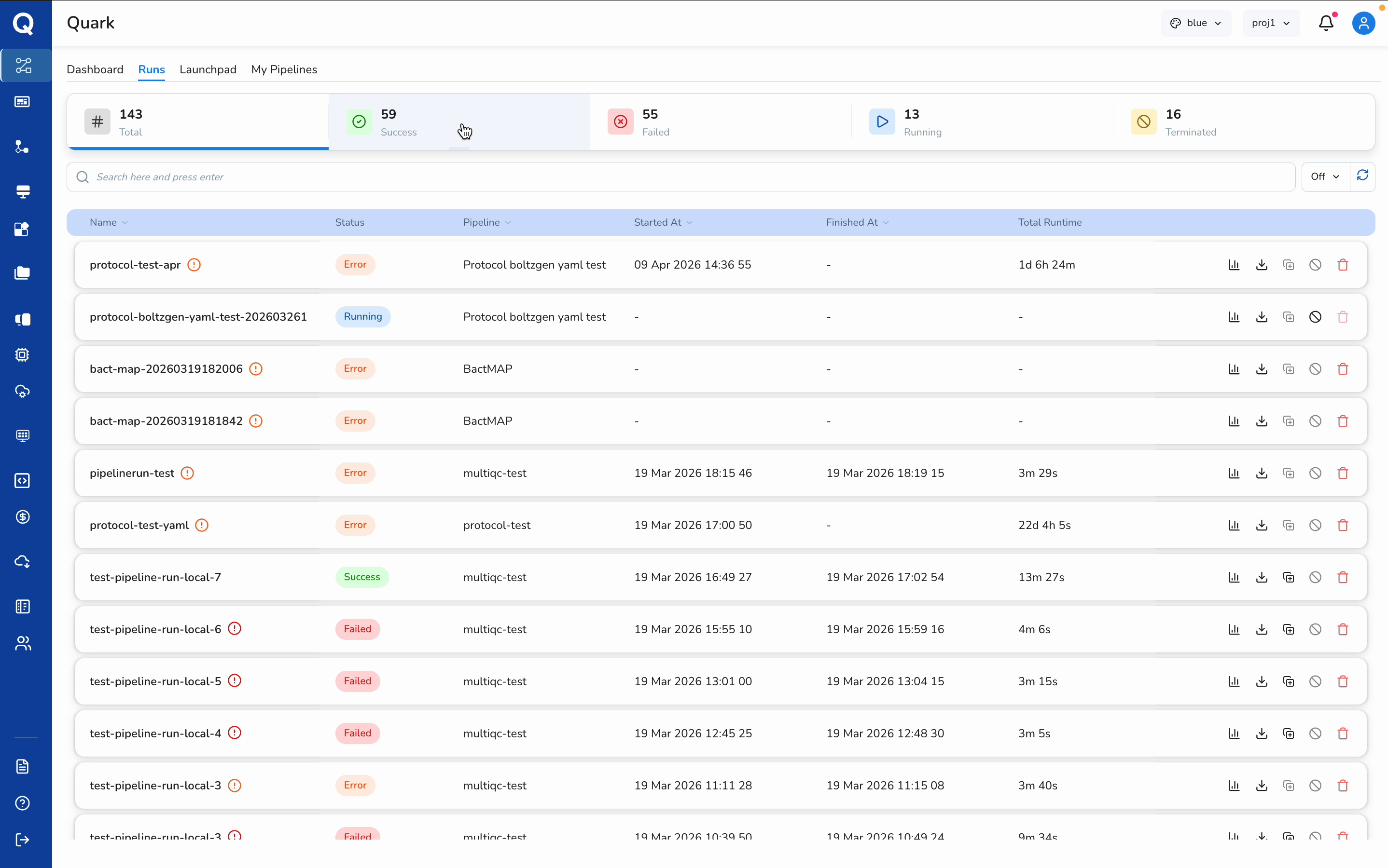 Filter dropdown with status options visible