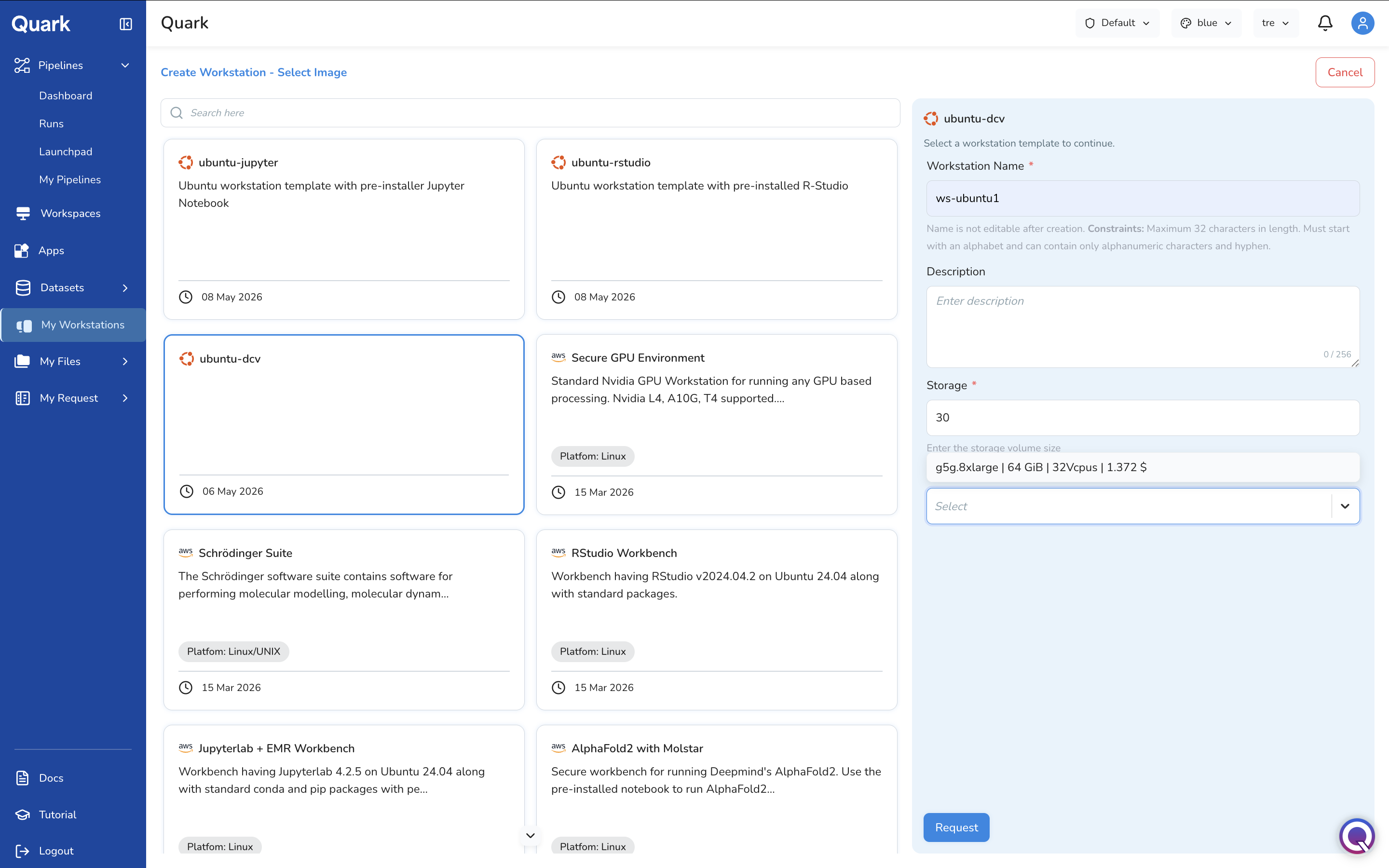 Screenshot: Create Workstation